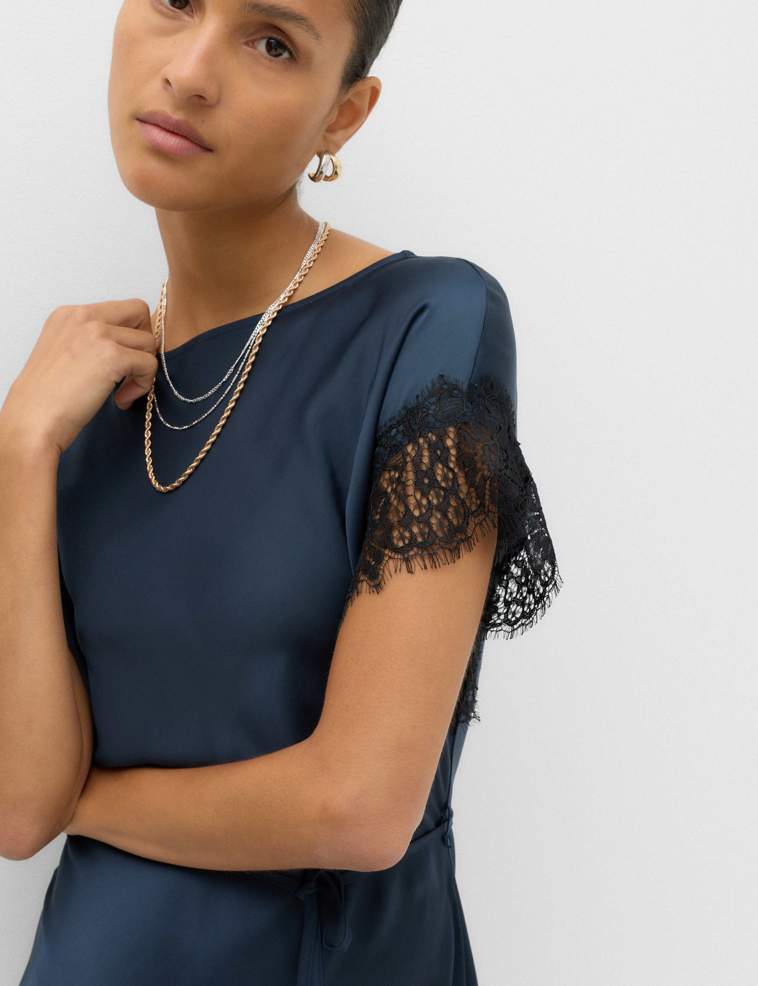 Satin Lace Insert Midi Waisted Dress 3 of 6