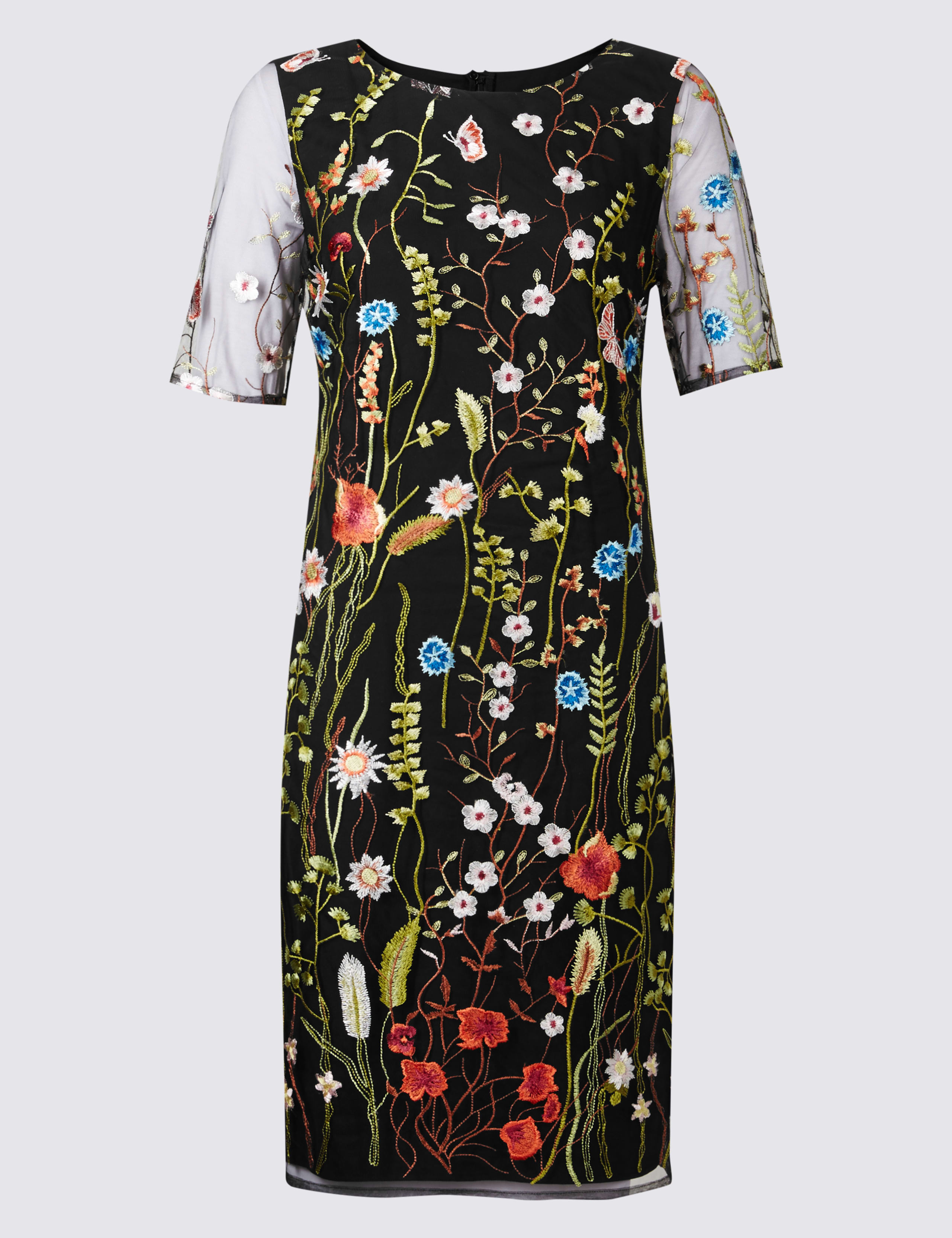 Embroidered Mesh Sleeve Shift Dress 2 of 5