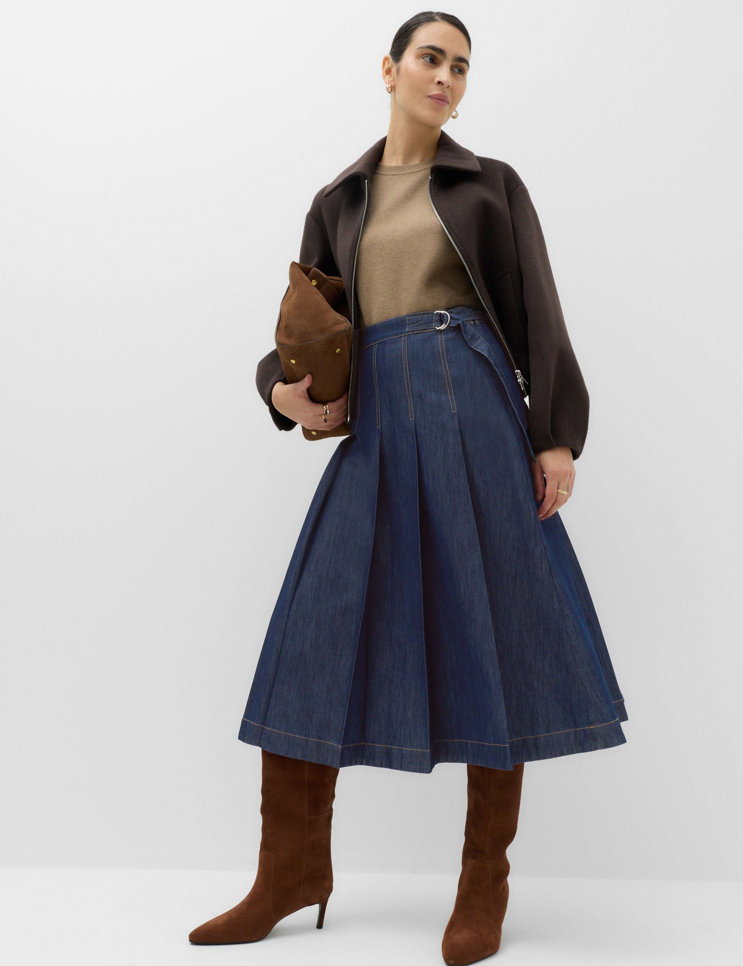 Denim Pleated Midi Skirt 1 of 5