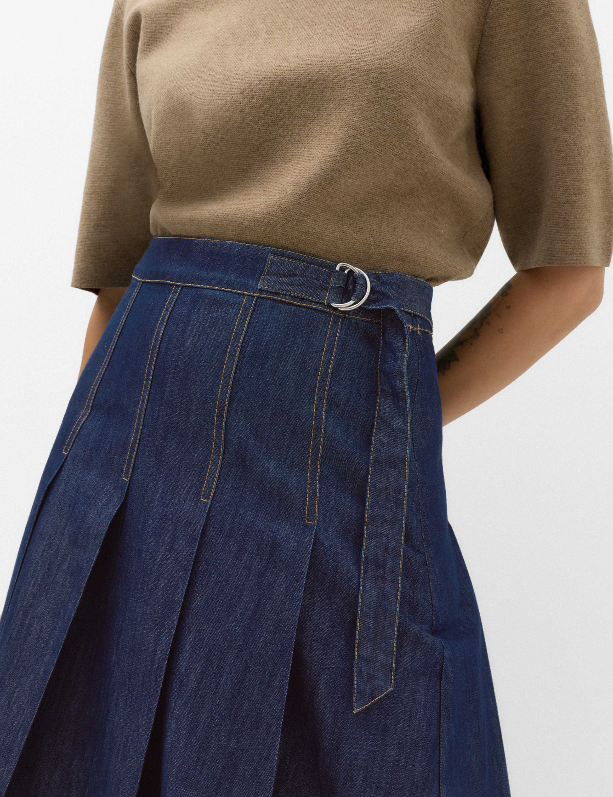 Denim Pleated Midi Skirt 3 of 5