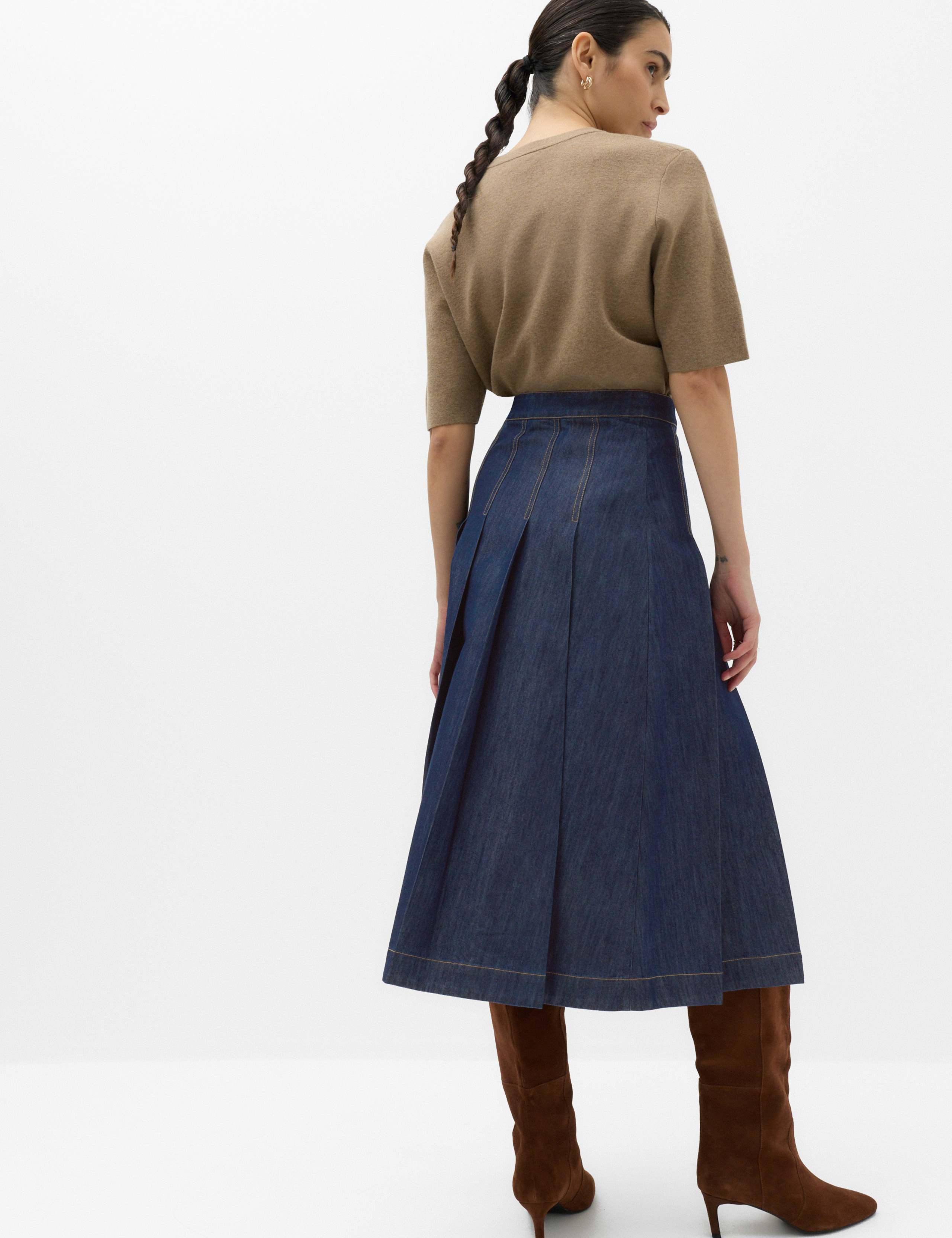 Denim Pleated Midi Skirt 4 of 5