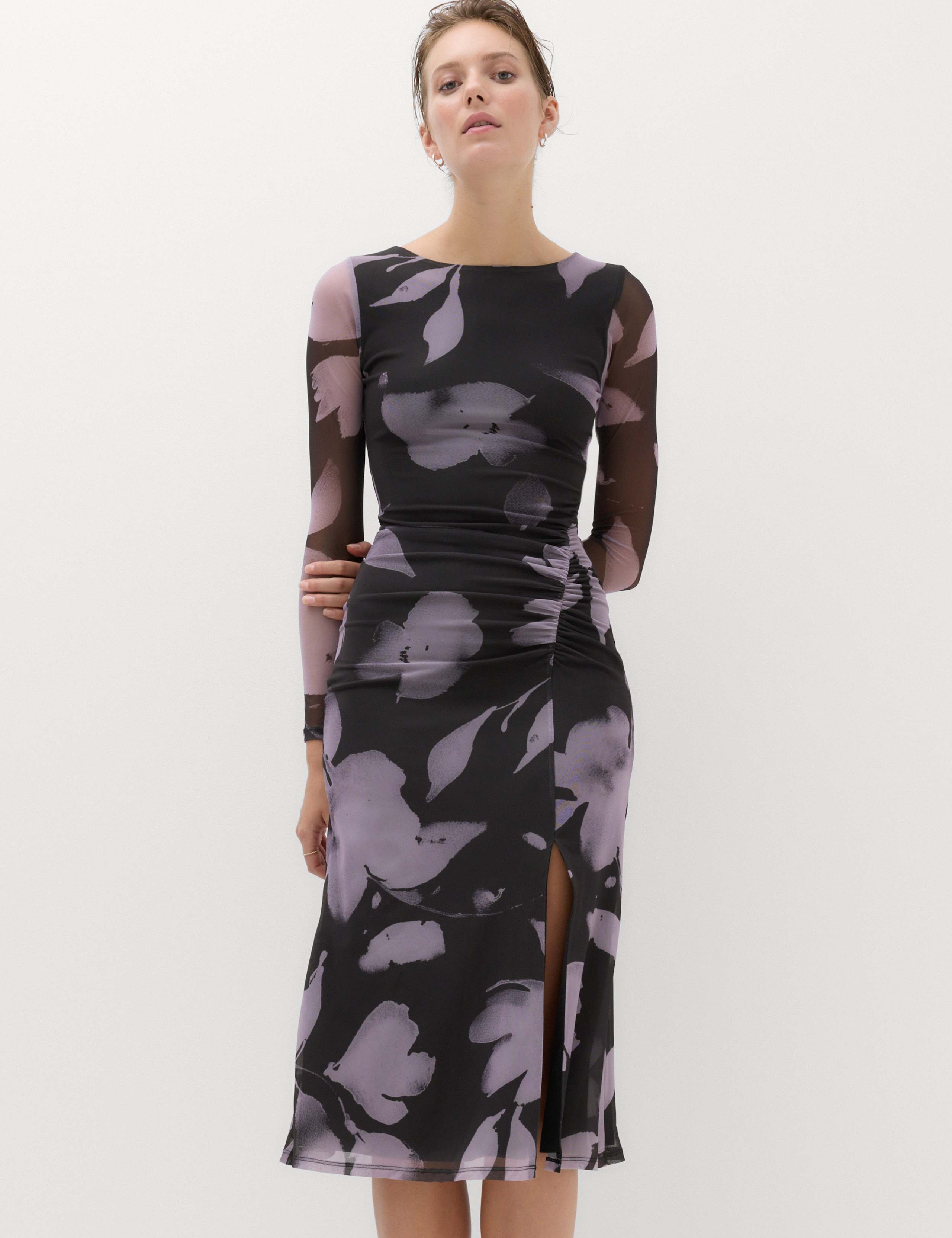 Floral Bodycon Midi Dress with Long Sleeves 1 of 7