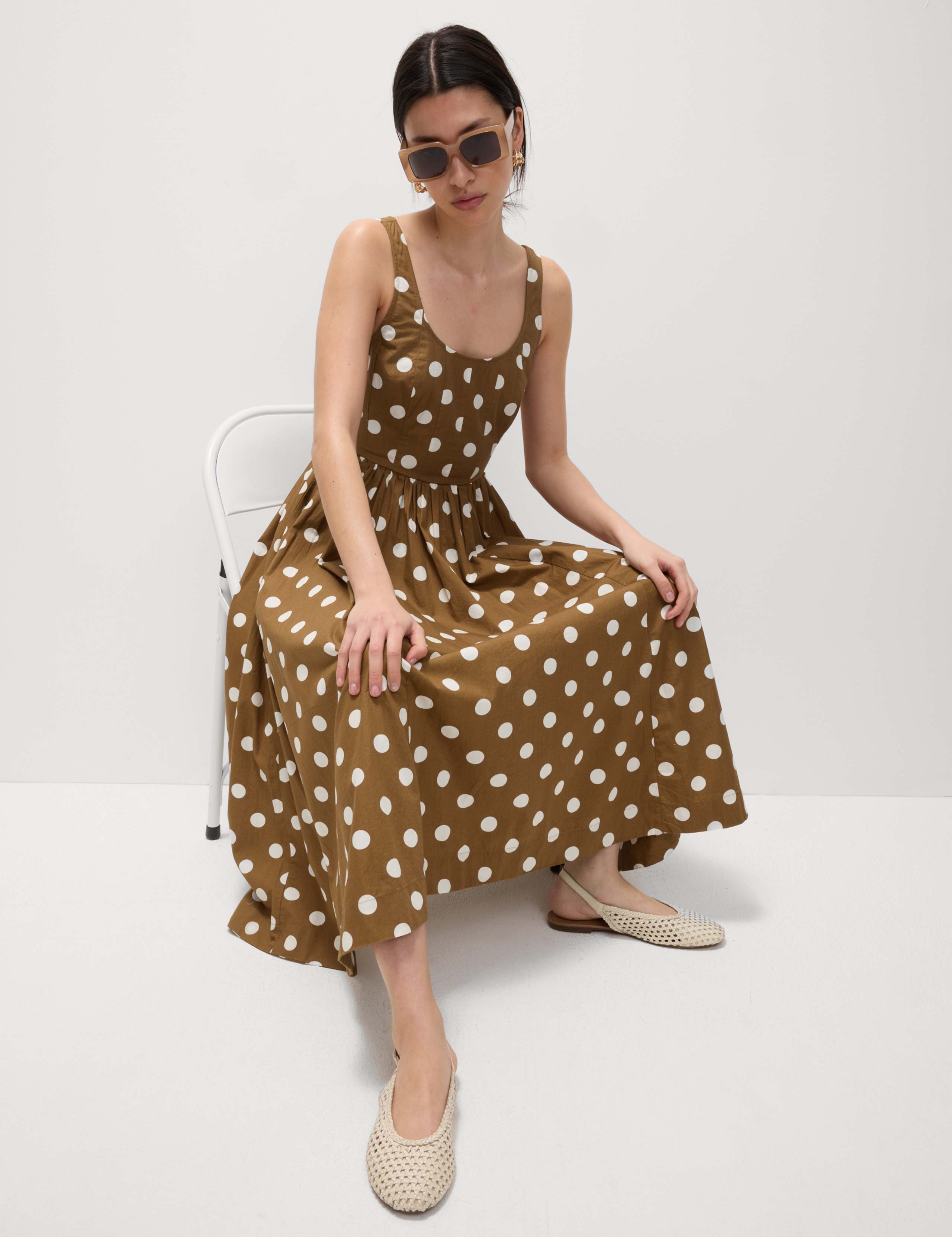 Pure Cotton Polka Dot Scoop Neck Midi Waisted Dress 3 of 6