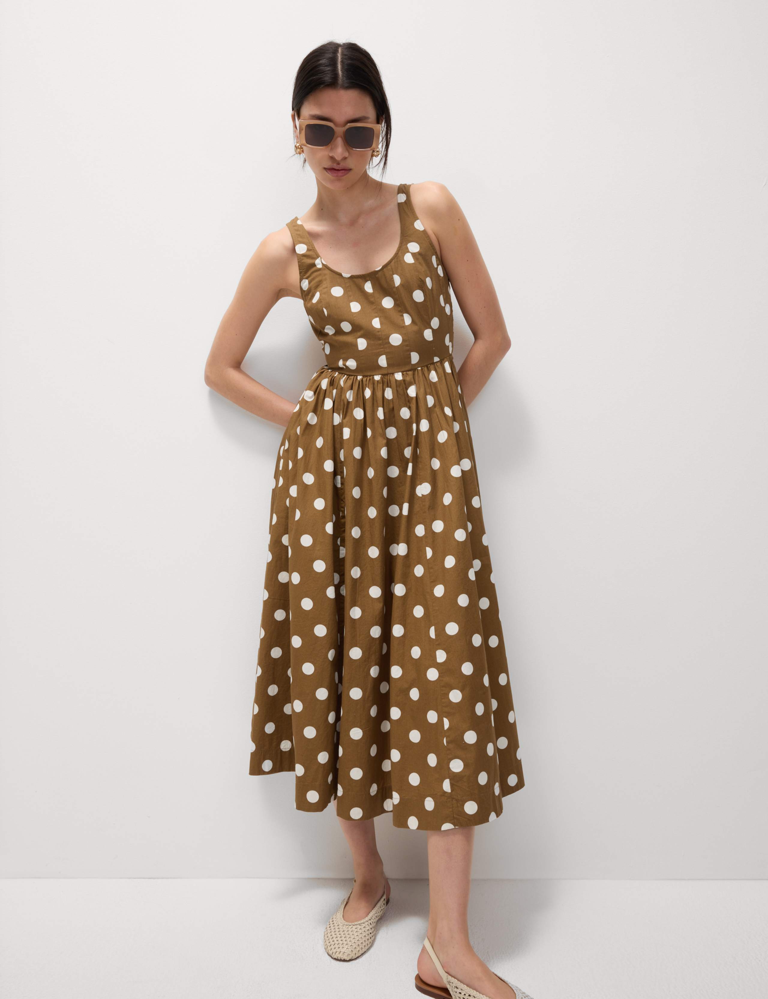 Pure Cotton Polka Dot Scoop Neck Midi Waisted Dress 5 of 6