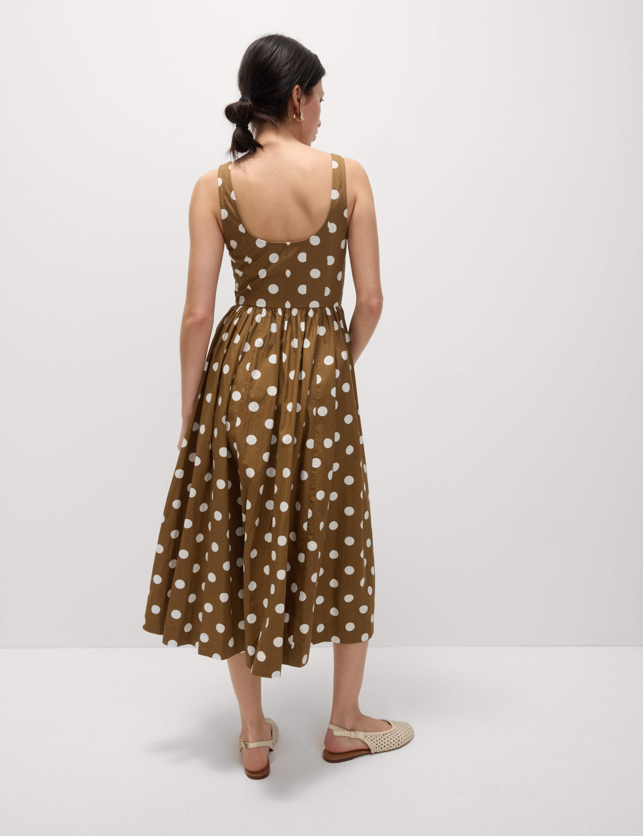 Pure Cotton Polka Dot Scoop Neck Midi Waisted Dress 6 of 6