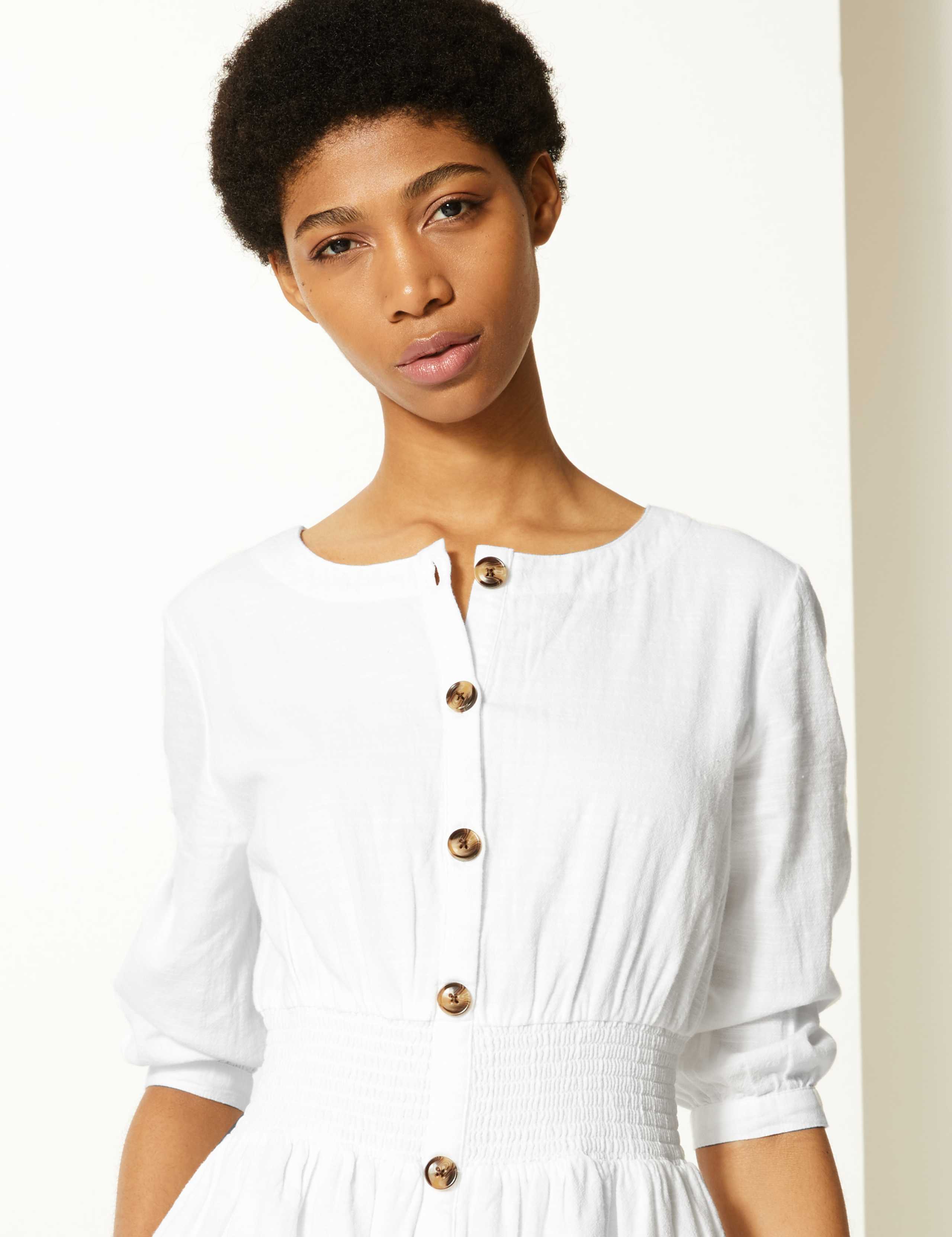 Pure Cotton 3/4 Sleeve Waisted Midi Dress 1 of 4