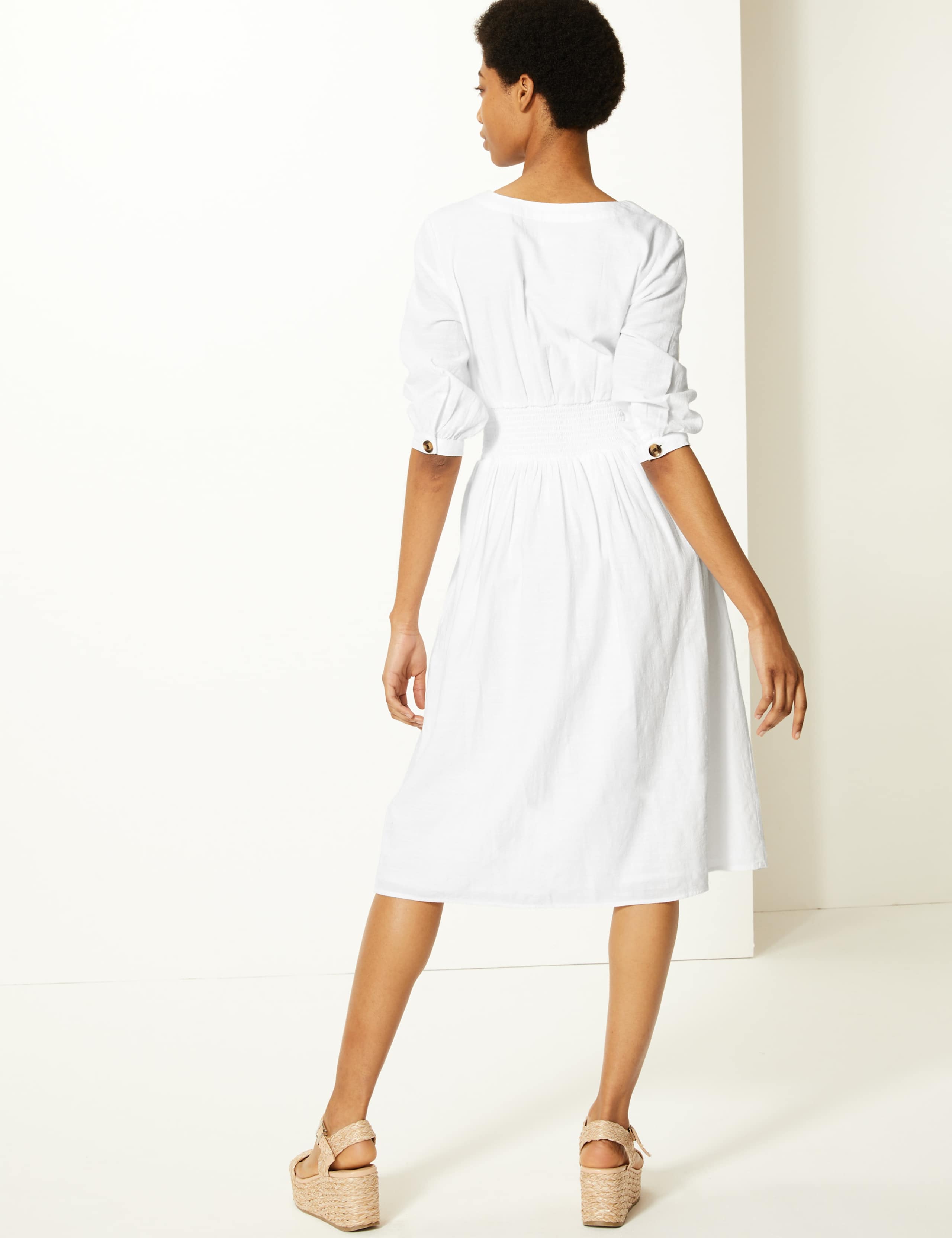Pure Cotton 3/4 Sleeve Waisted Midi Dress 4 of 4
