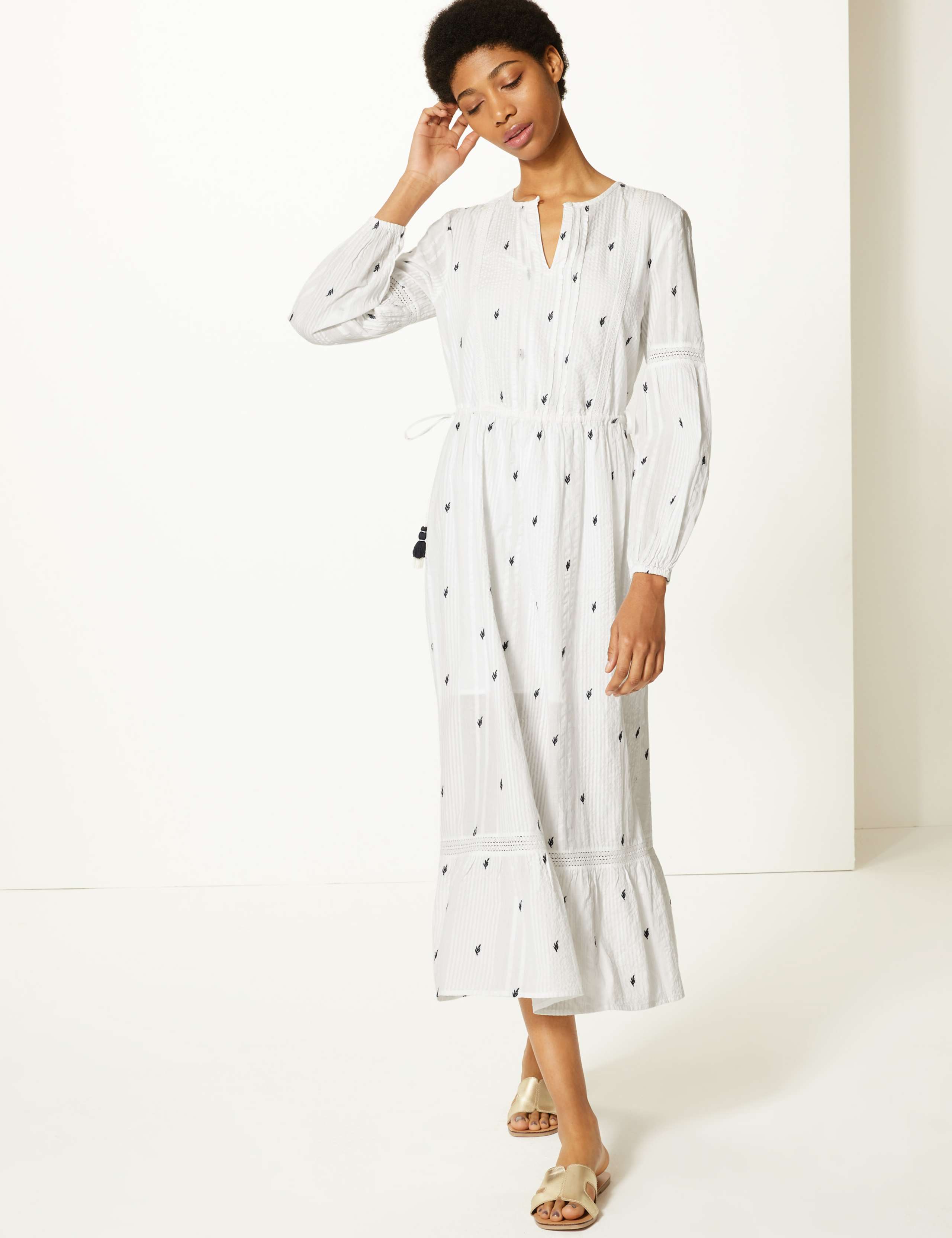 Pure Cotton Embroidered Waisted Midi Dress 1 of 4