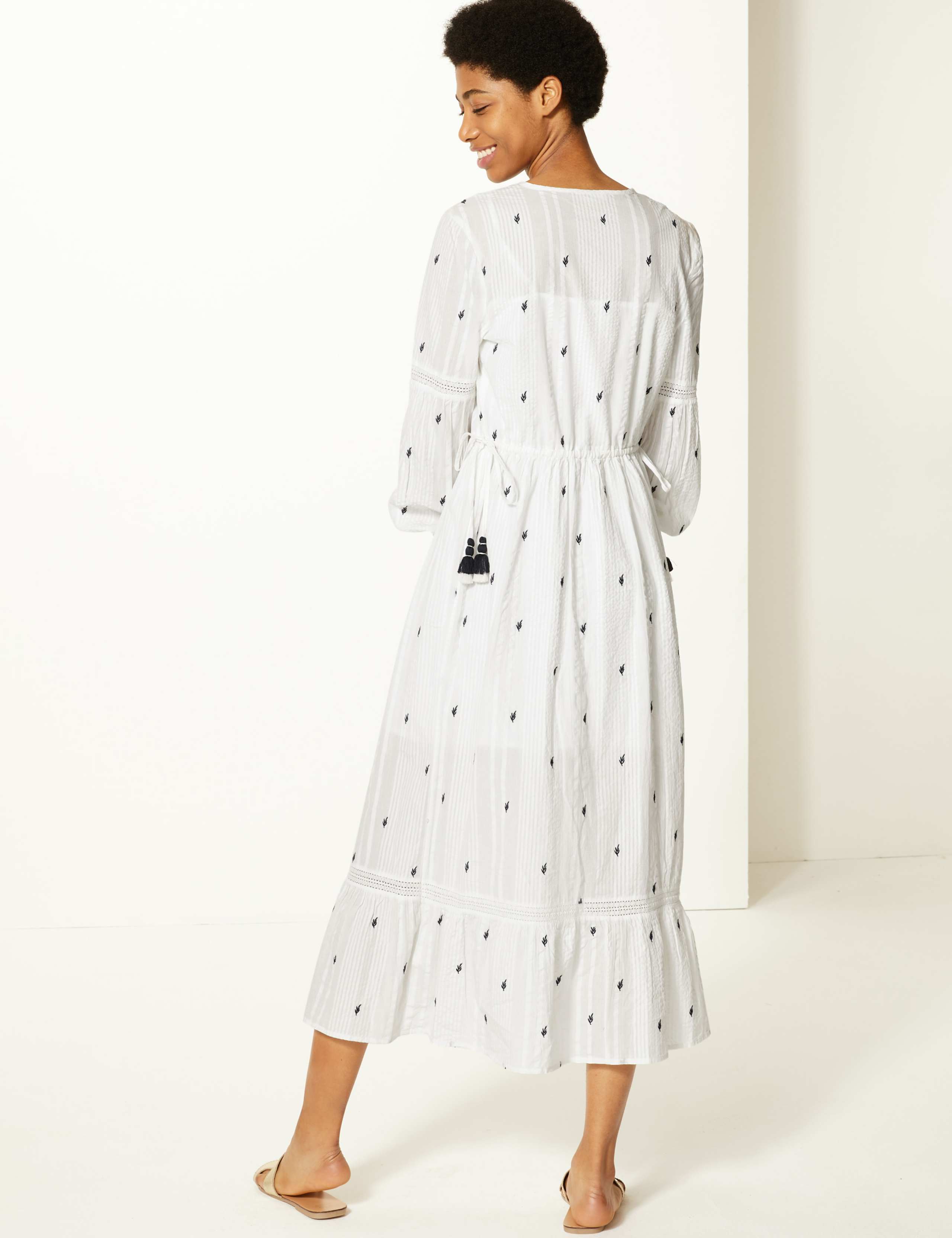 Pure Cotton Embroidered Waisted Midi Dress 4 of 4