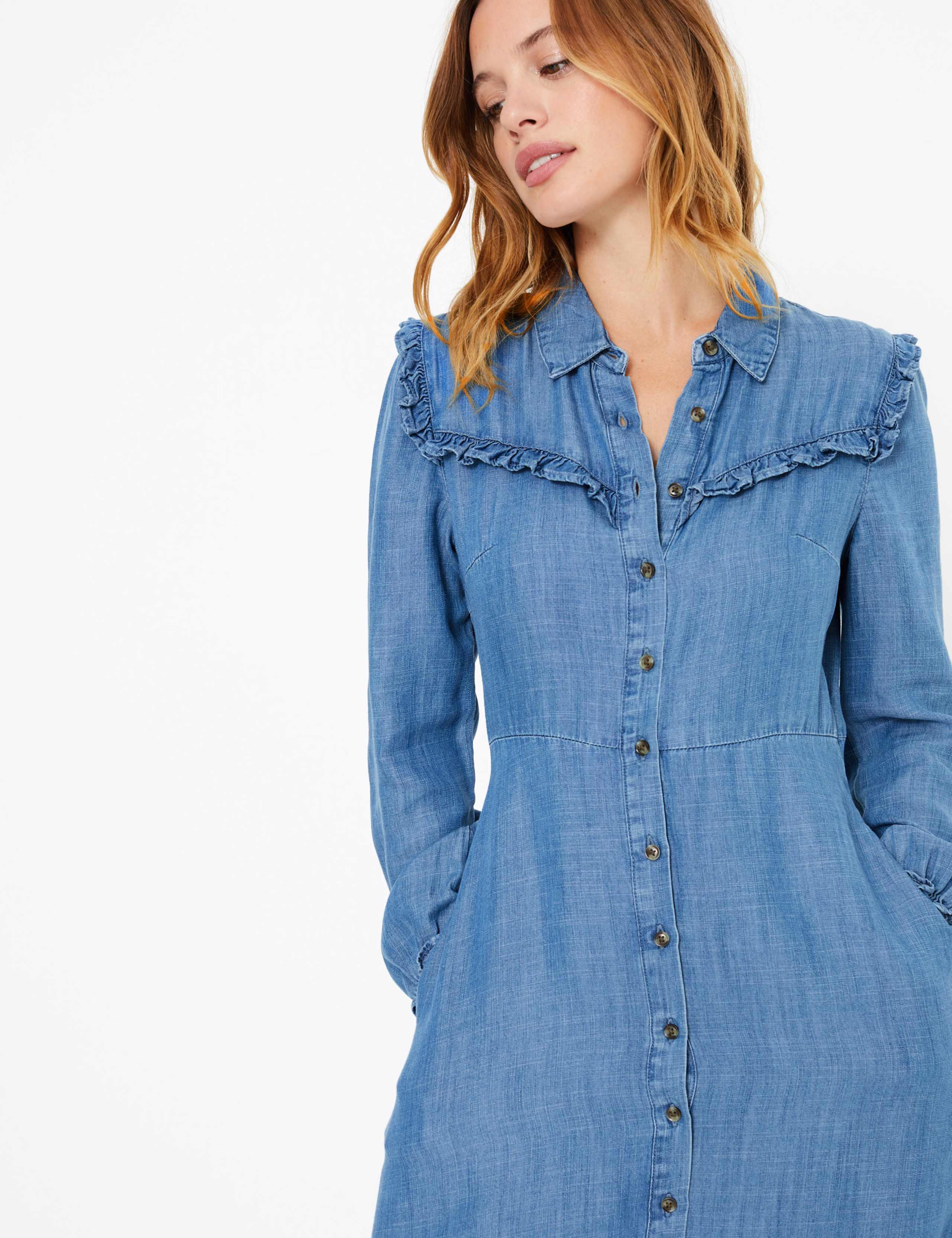 PETITE Denim Ruffle Midi Shirt Dress 1 of 5