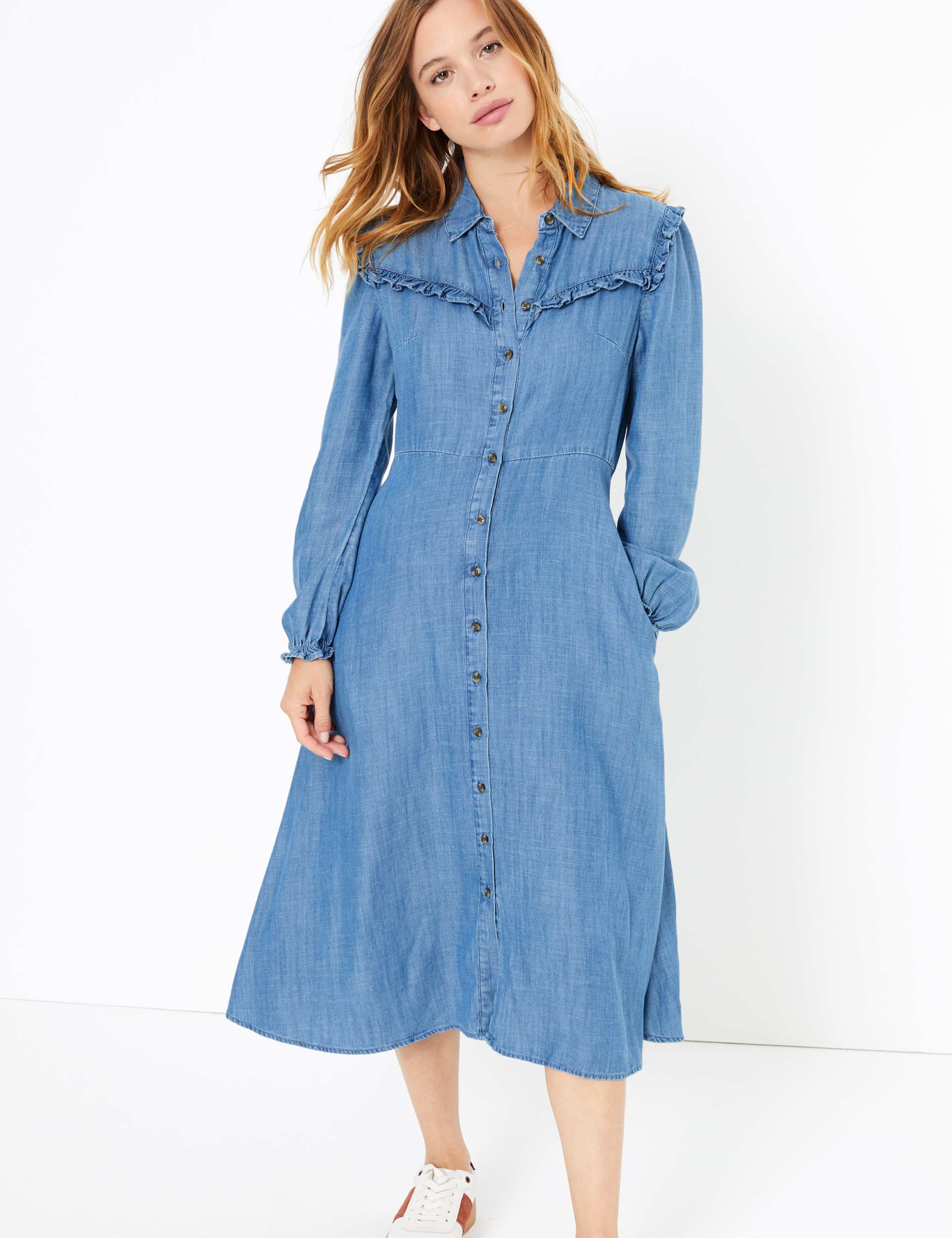PETITE Denim Ruffle Midi Shirt Dress 3 of 5