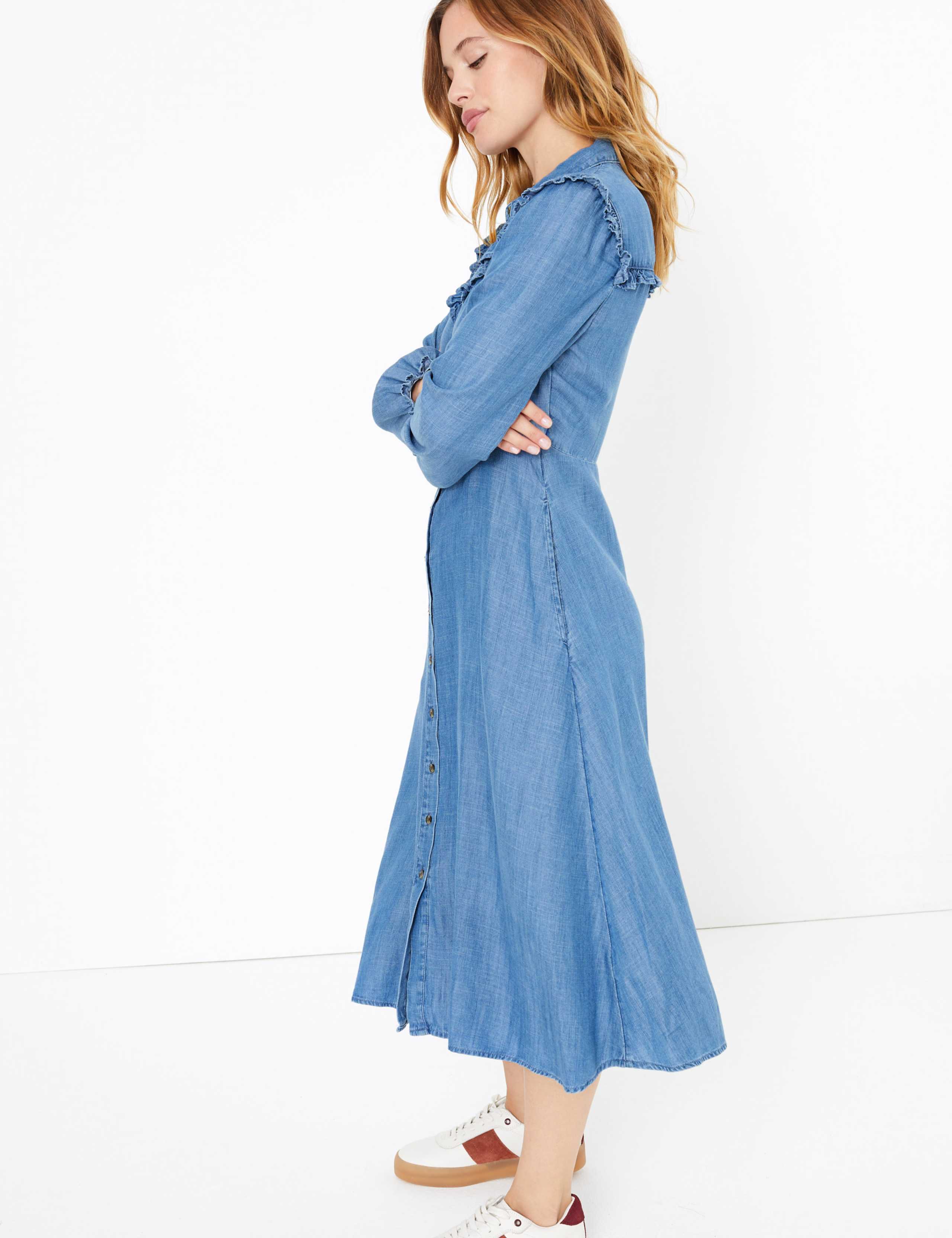 PETITE Denim Ruffle Midi Shirt Dress 5 of 5