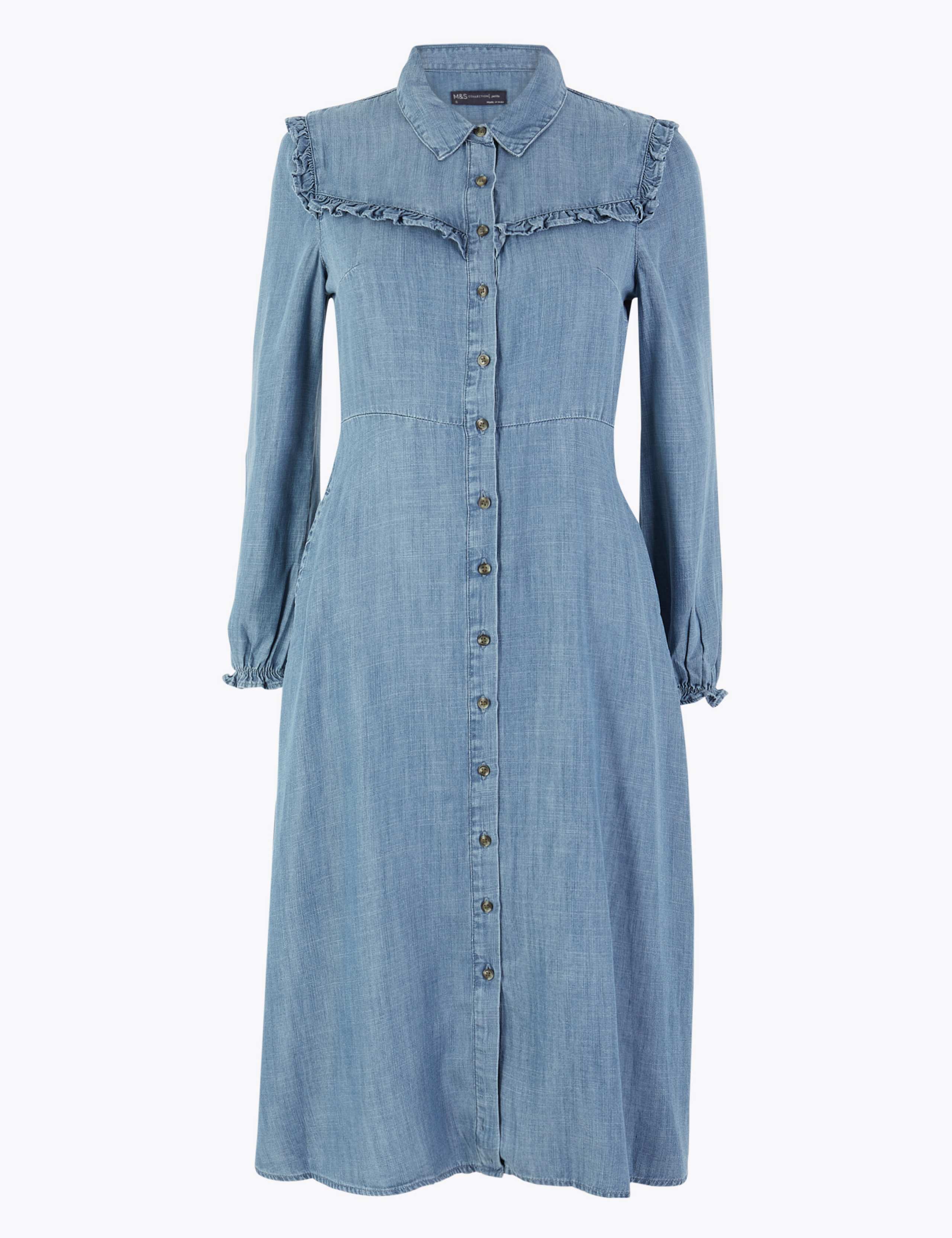 PETITE Denim Ruffle Midi Shirt Dress 2 of 5