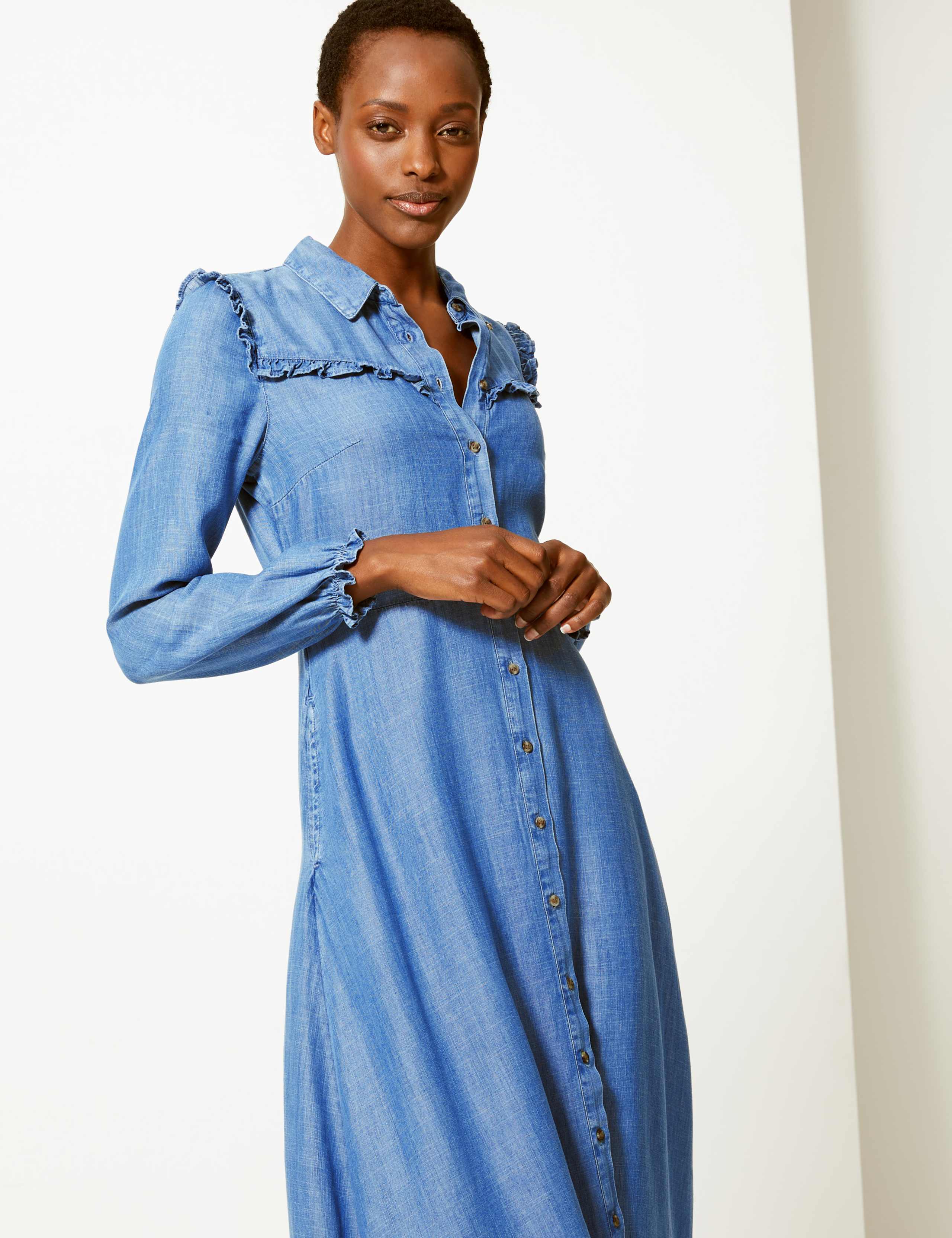 Denim Ruffle Detail Shirt Dress | M&S Collection | M&S