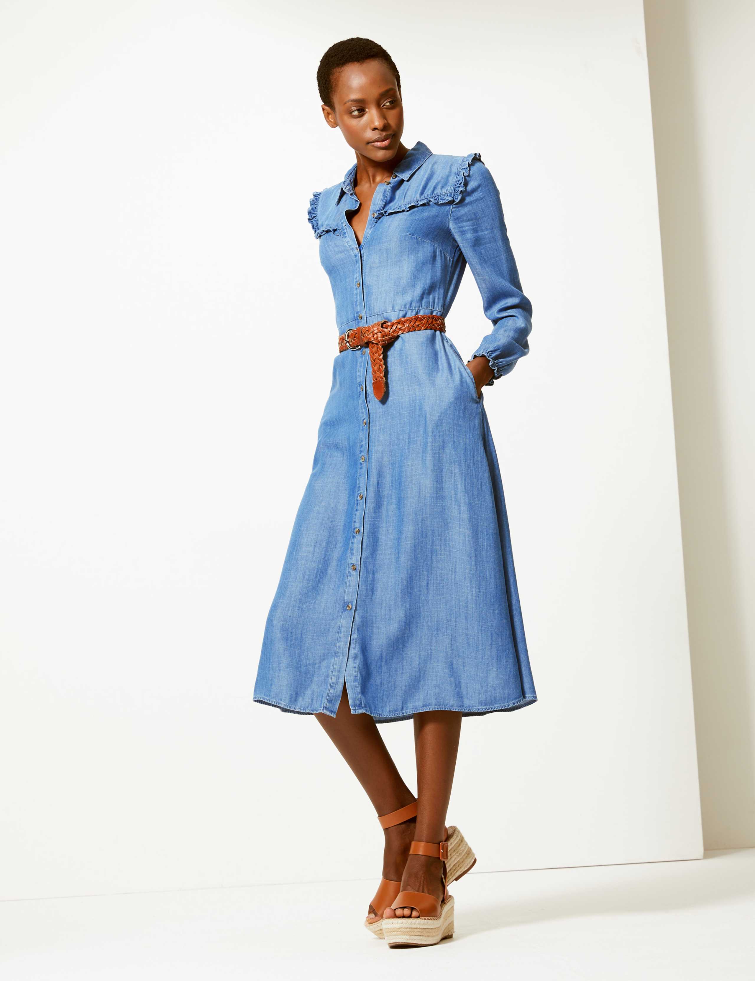 Denim Ruffle Detail Shirt Dress 4 of 5
