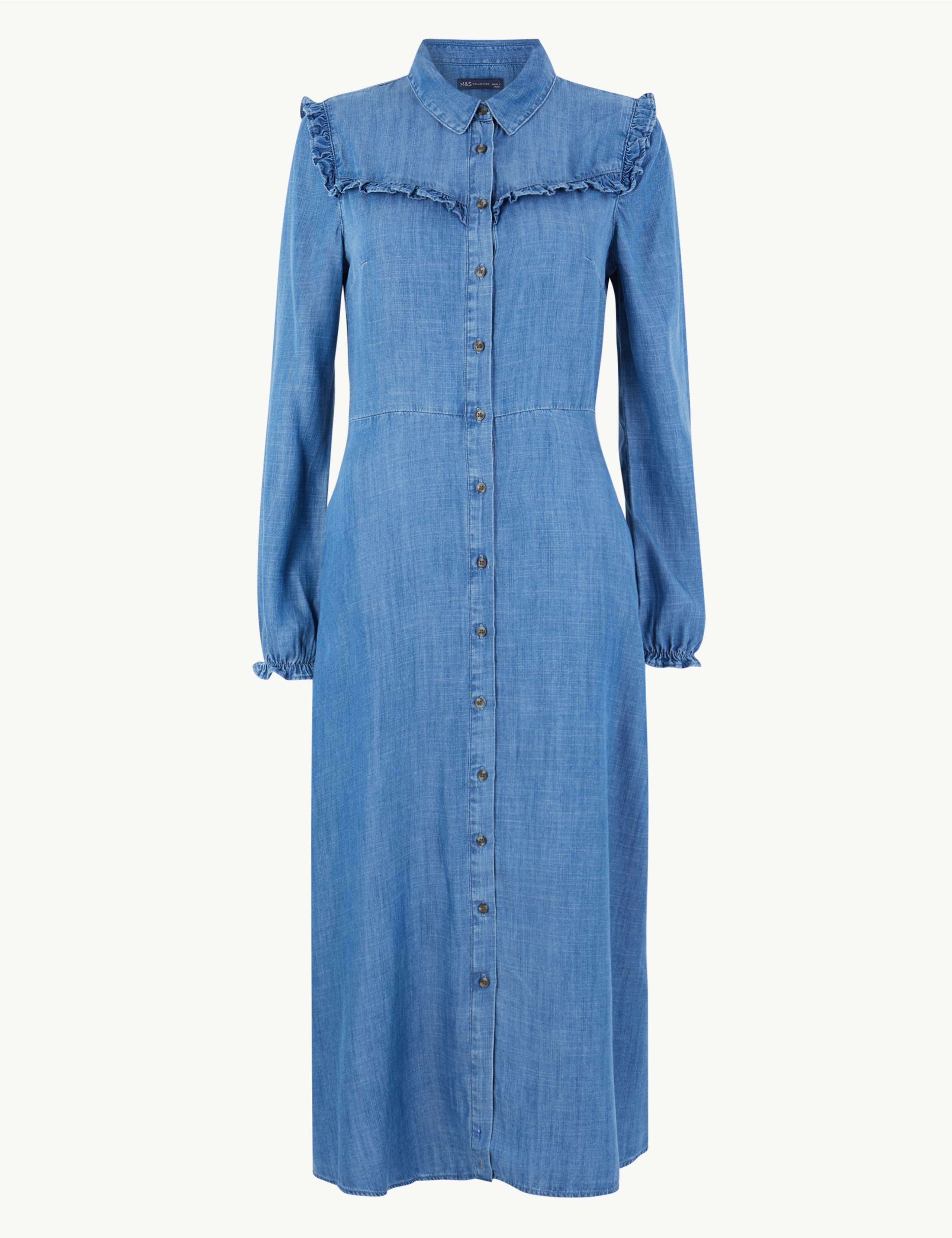 Denim Ruffle Detail Shirt Dress 2 of 5