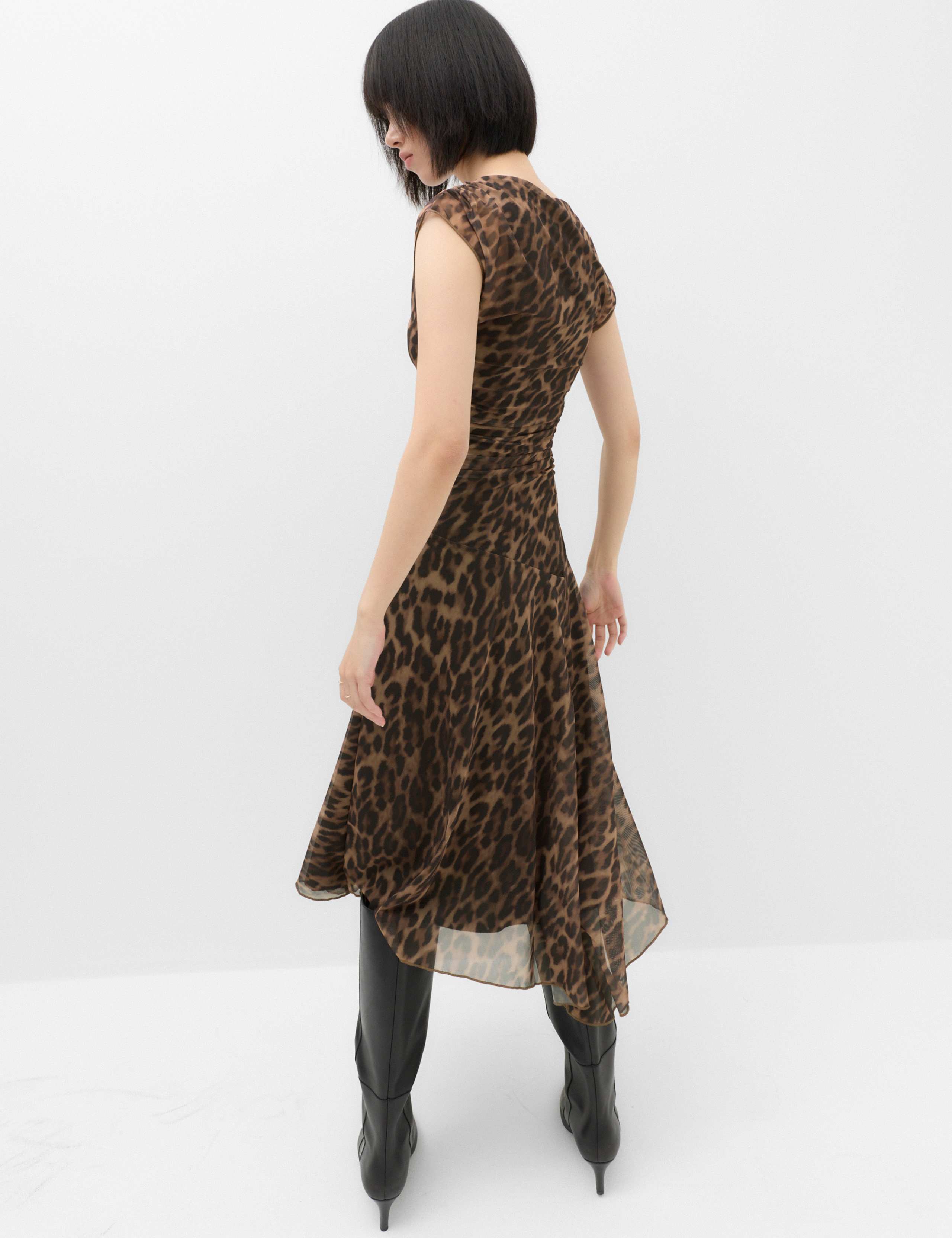 Animal Print Mesh Draped Midi Waisted Dress 4 of 7