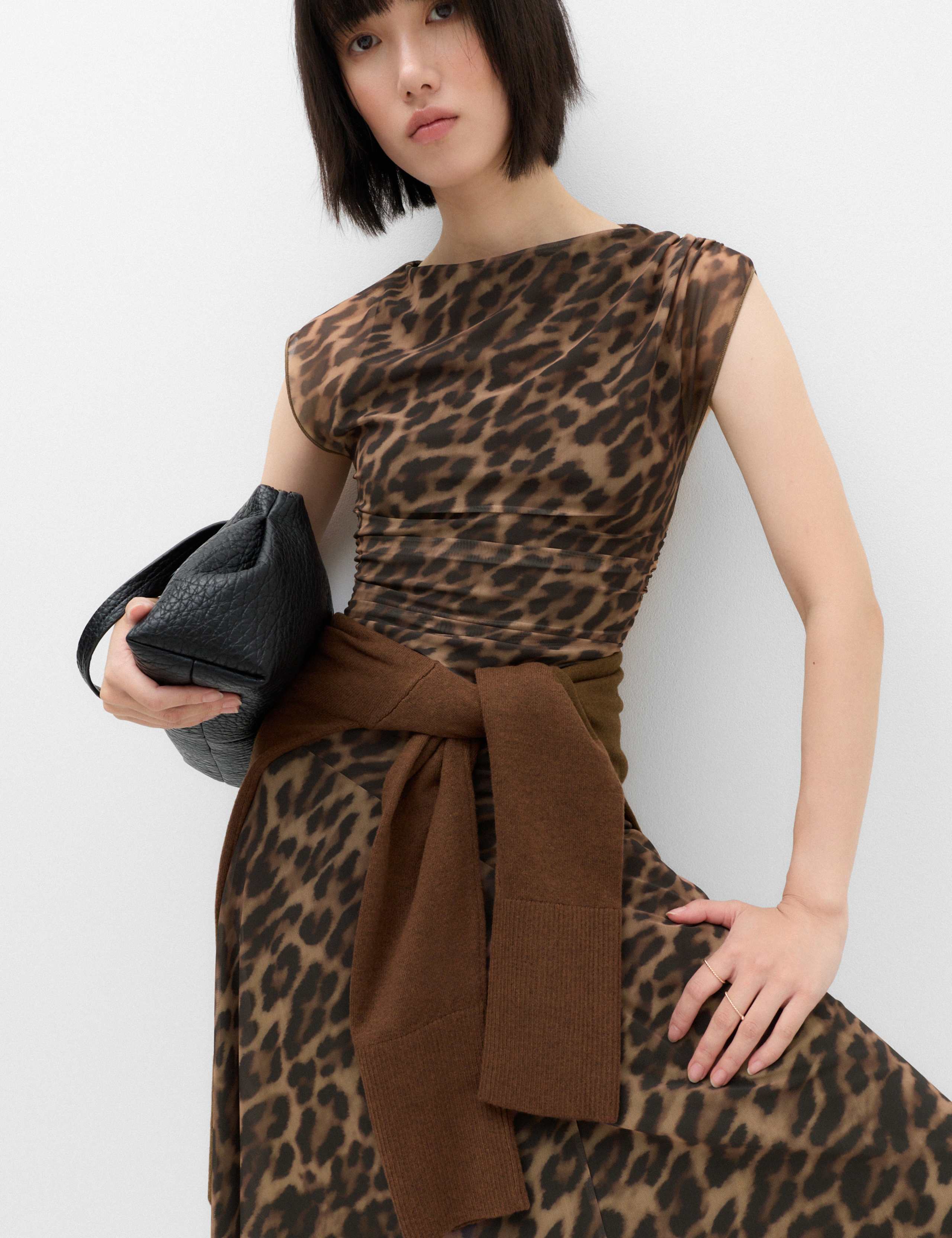 Animal Print Mesh Draped Midi Waisted Dress 5 of 7