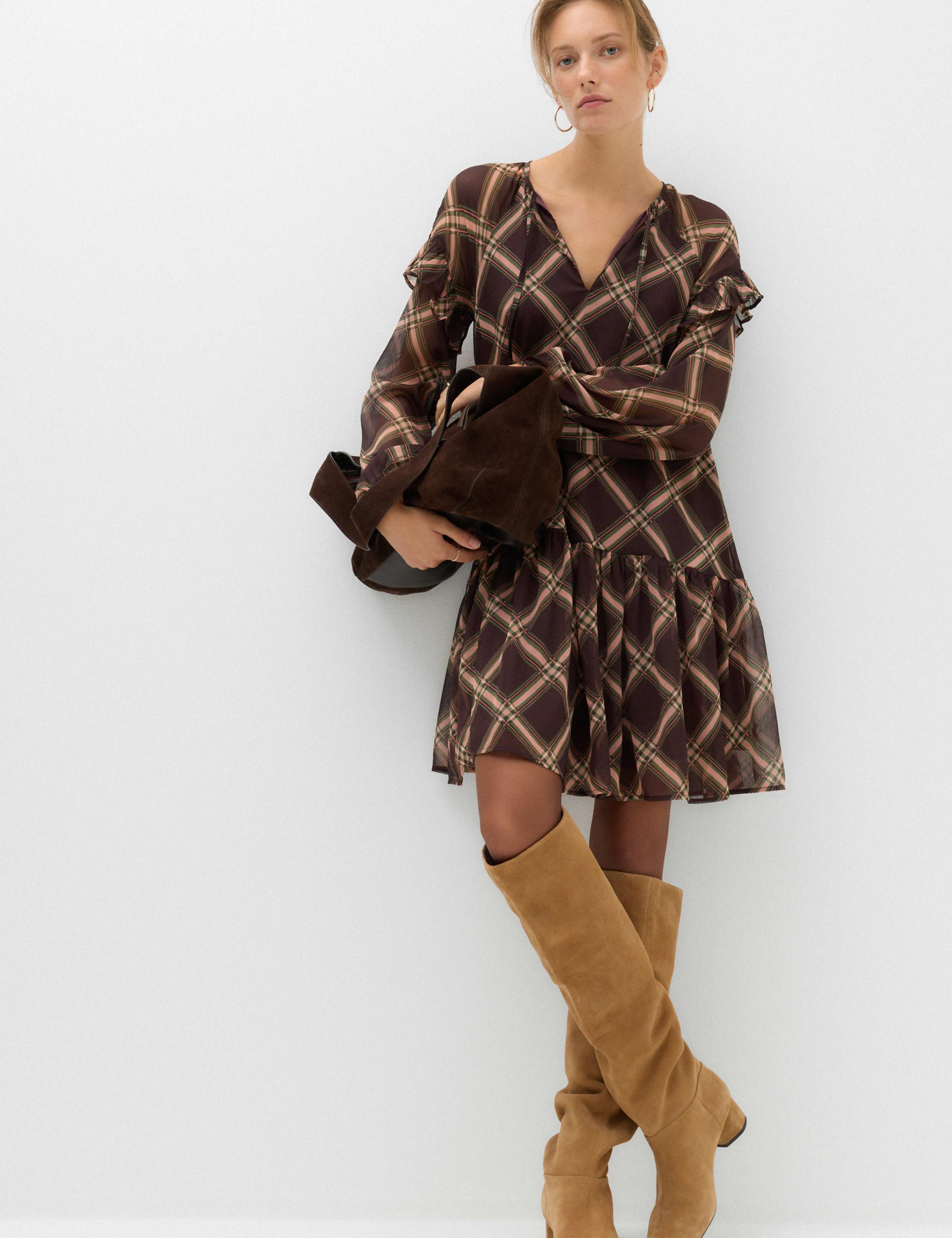 Chiffon Checked Tie Neck Mini Drop Waist Dress 1 of 6