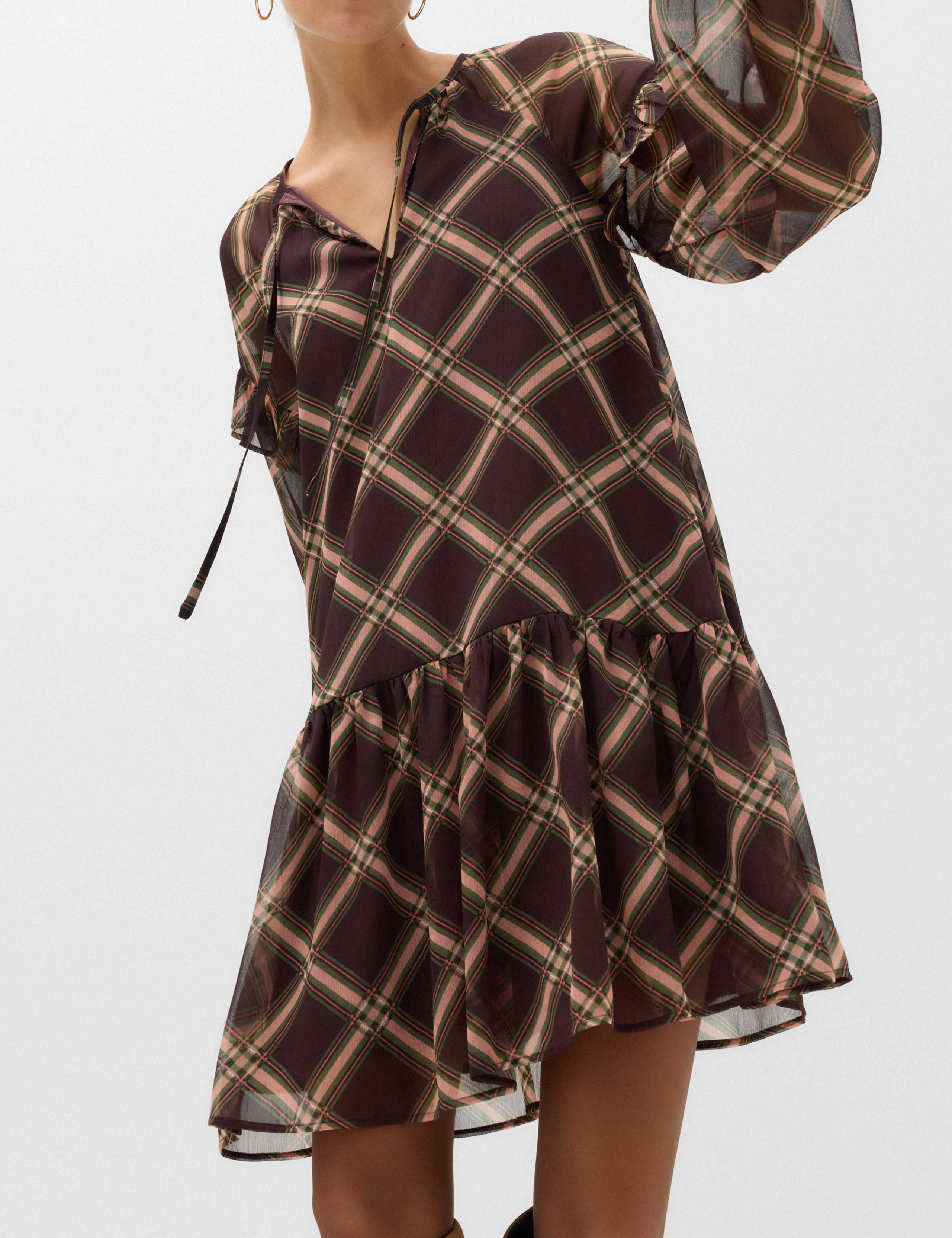 Chiffon Checked Tie Neck Mini Drop Waist Dress 3 of 6
