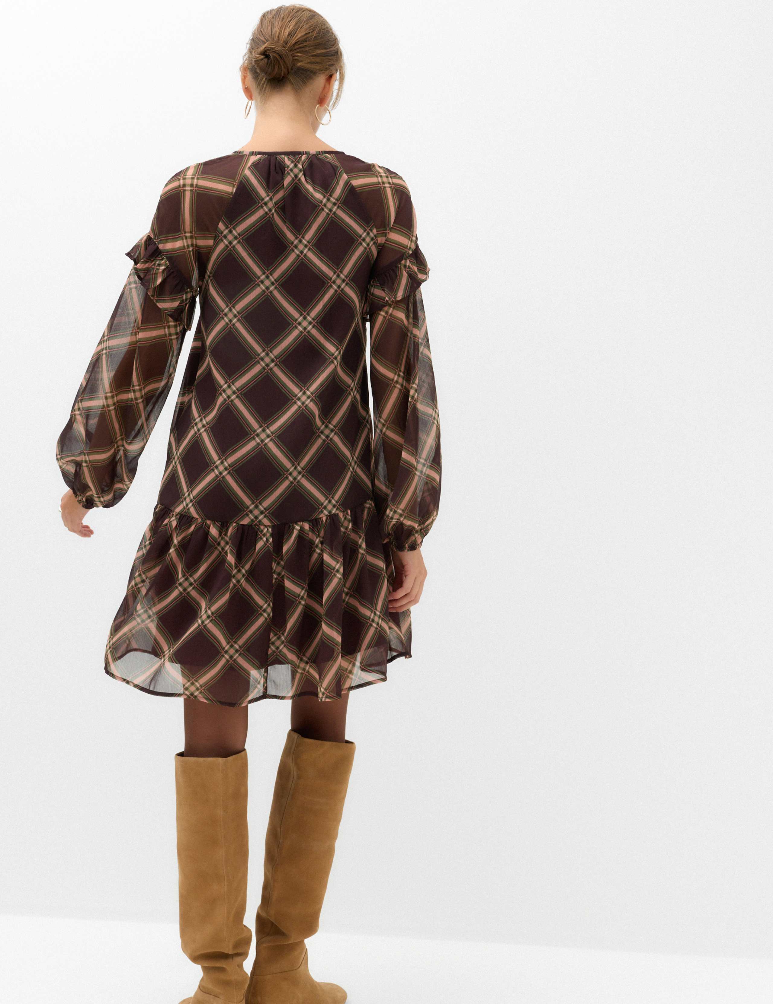 Chiffon Checked Tie Neck Mini Drop Waist Dress 4 of 6