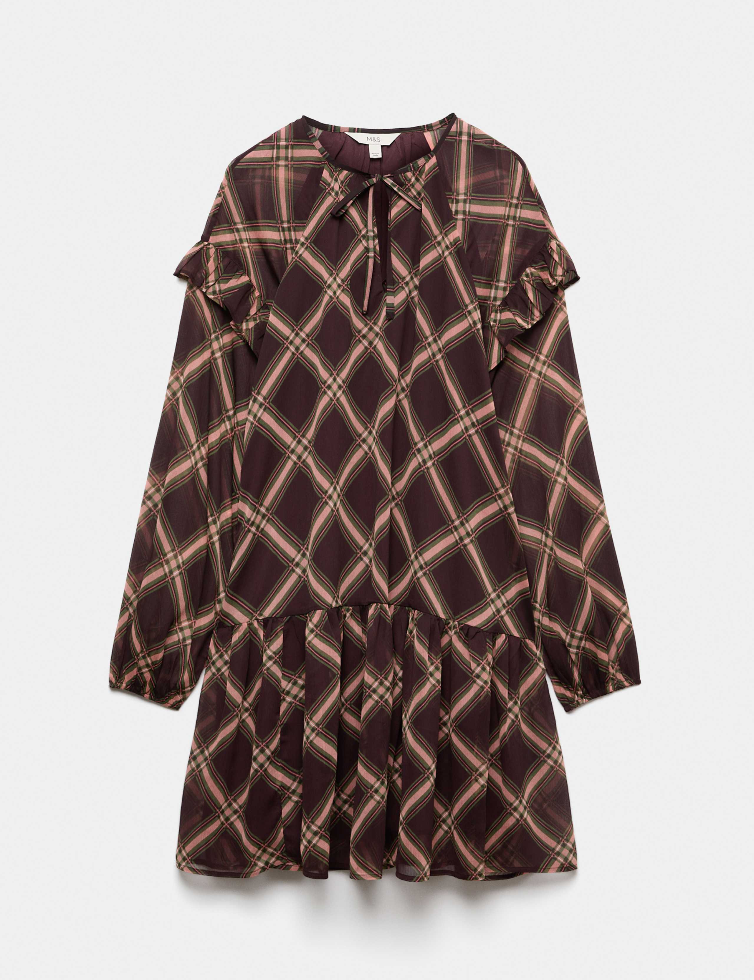 Chiffon Checked Tie Neck Mini Drop Waist Dress 2 of 6
