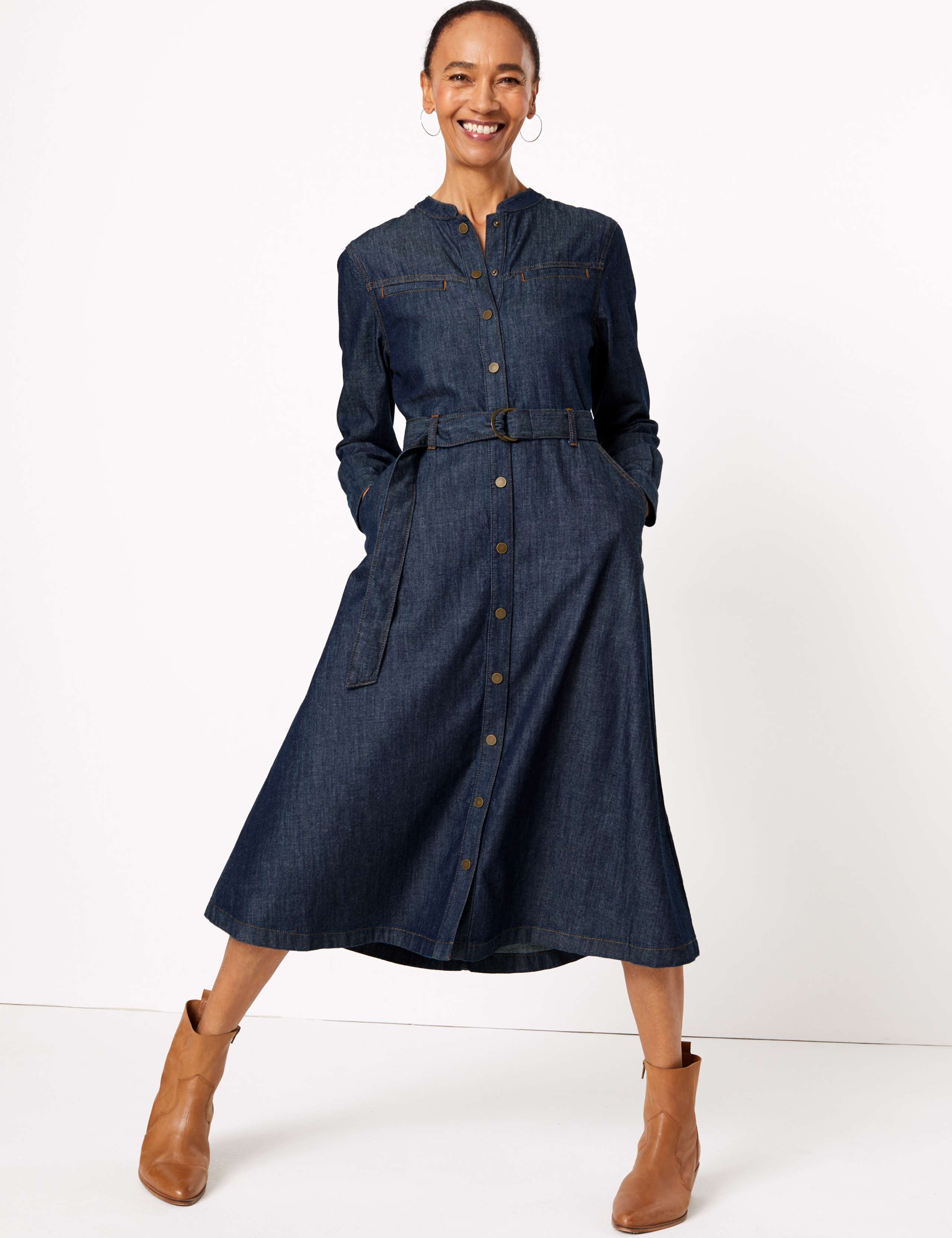 Denim Belted Midi Shirt Dress 1 of 4