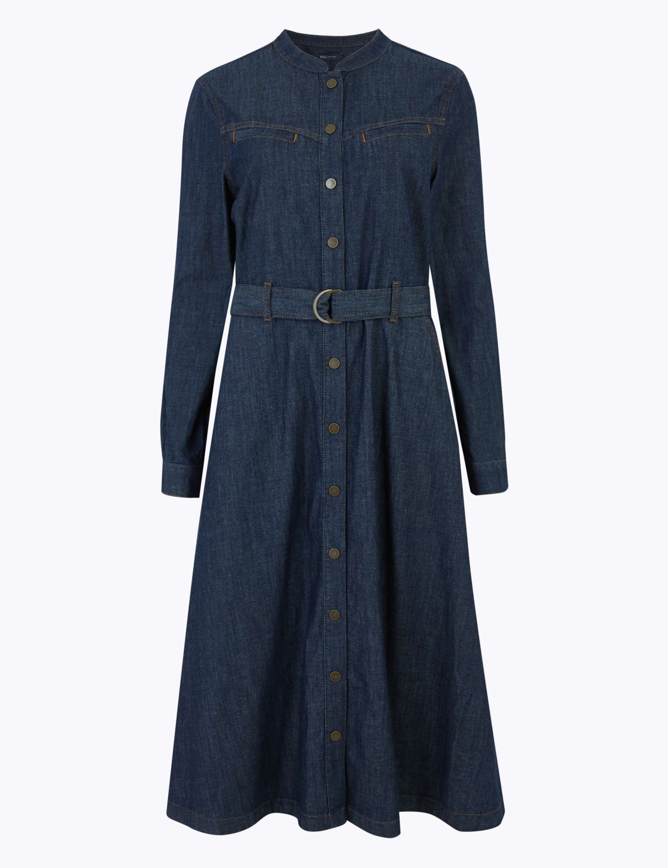 Denim Belted Midi Shirt Dress 2 of 4