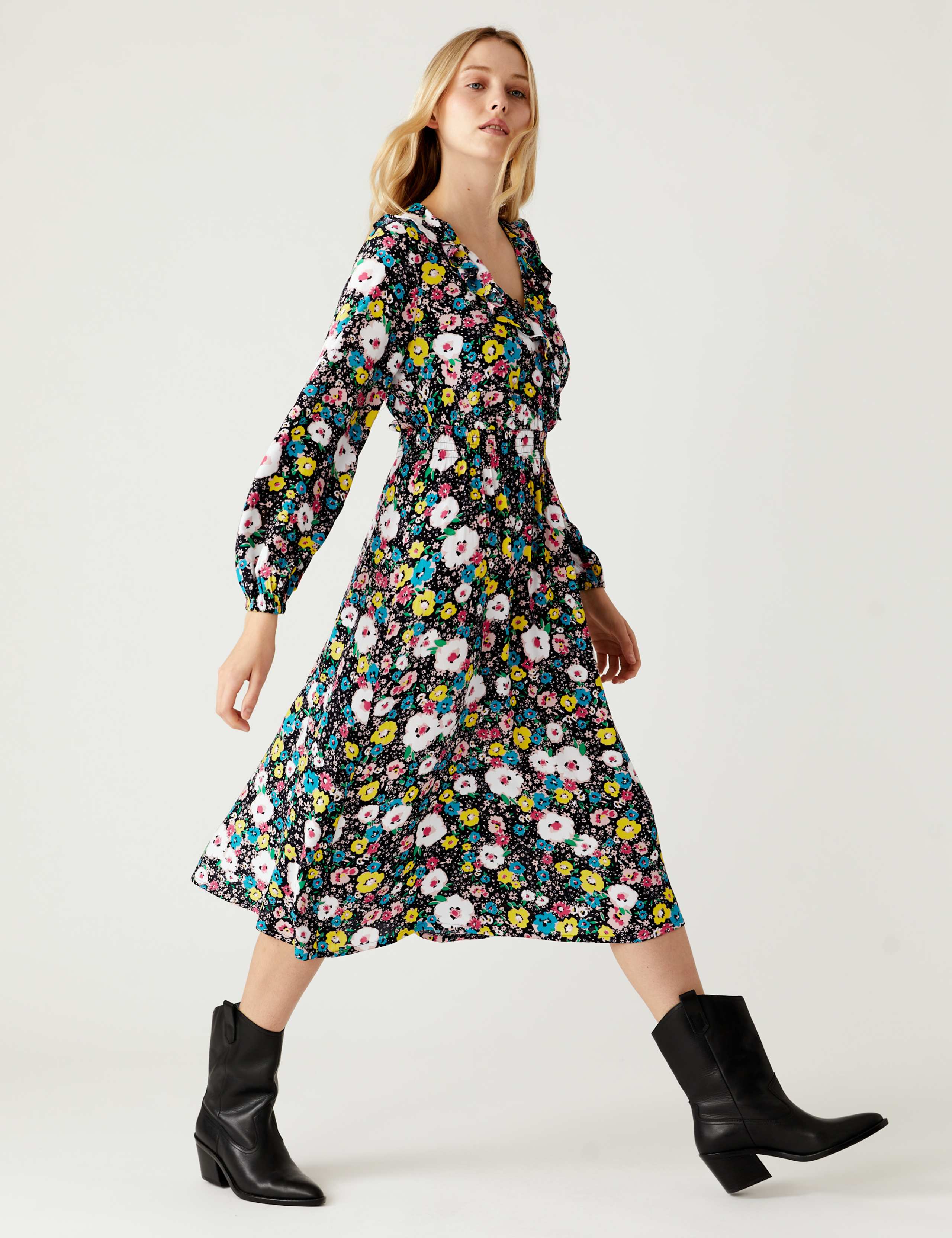Ditsy Floral V-Neck Midi Waisted Dress 1 of 7