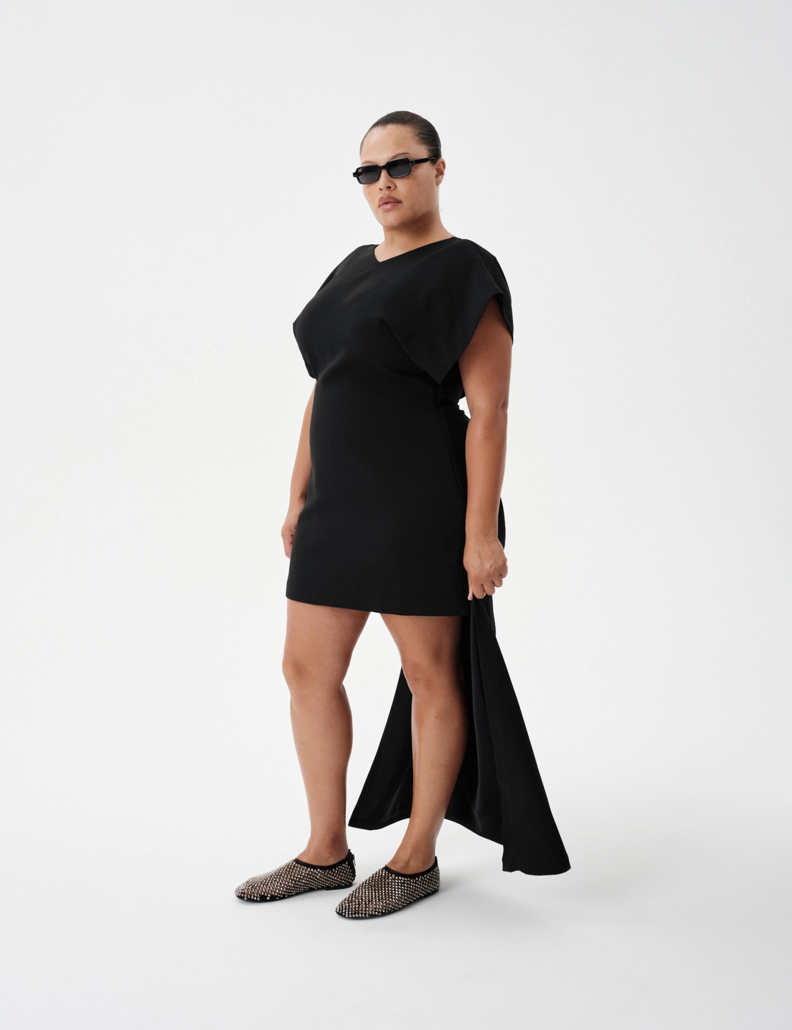 Satin V-Neck Trail Midi Shift Dress 3 of 7