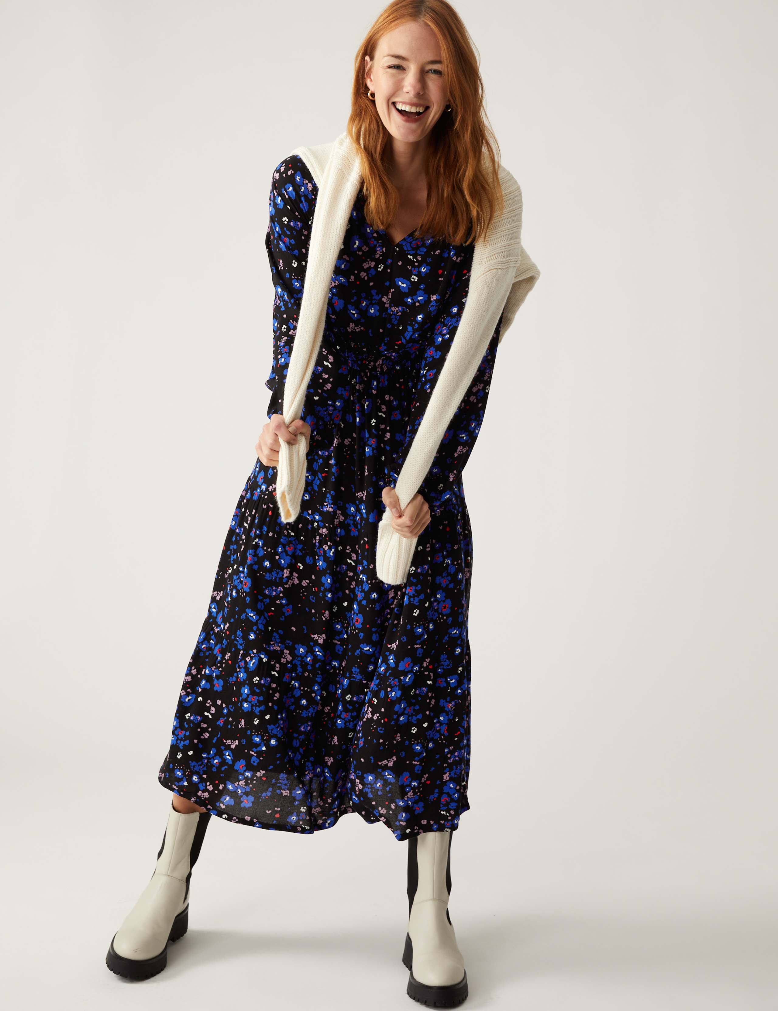 Floral V-Neck Midi Waisted Dress 1 of 5