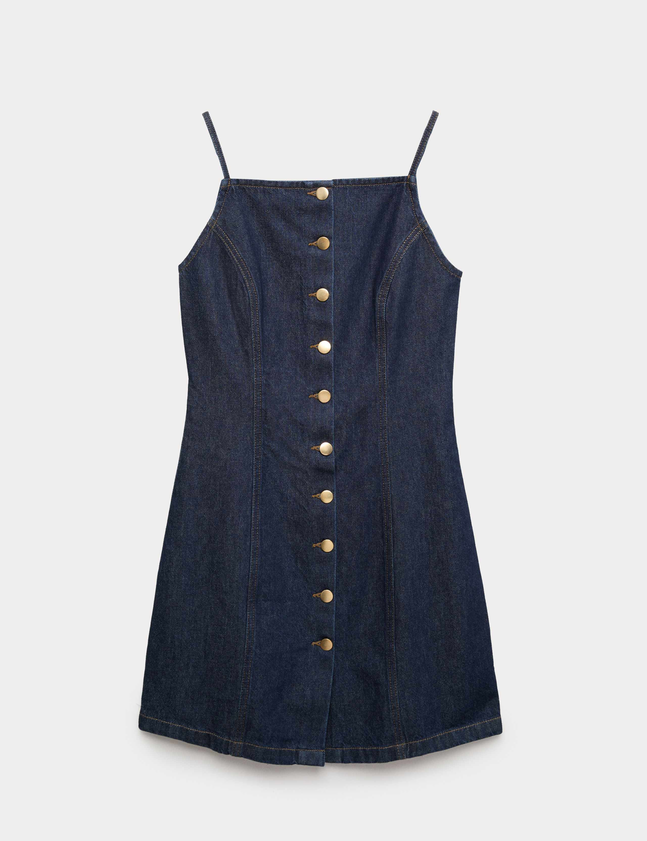 Denim Button Through Strappy Mini Shift Dress 2 of 6
