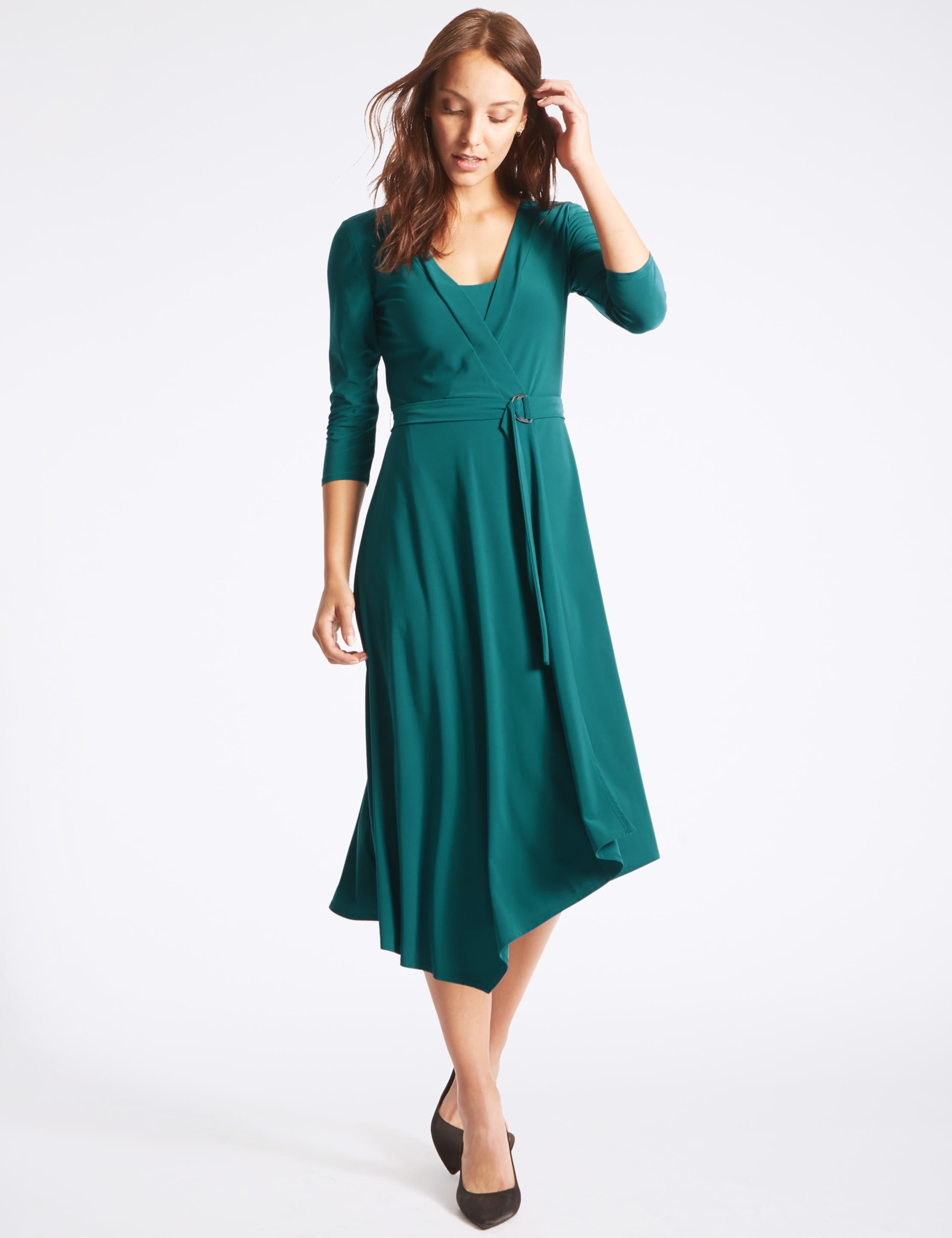 Asymmetrical Hem 3/4 Sleeve Wrap Midi Dress 1 of 4