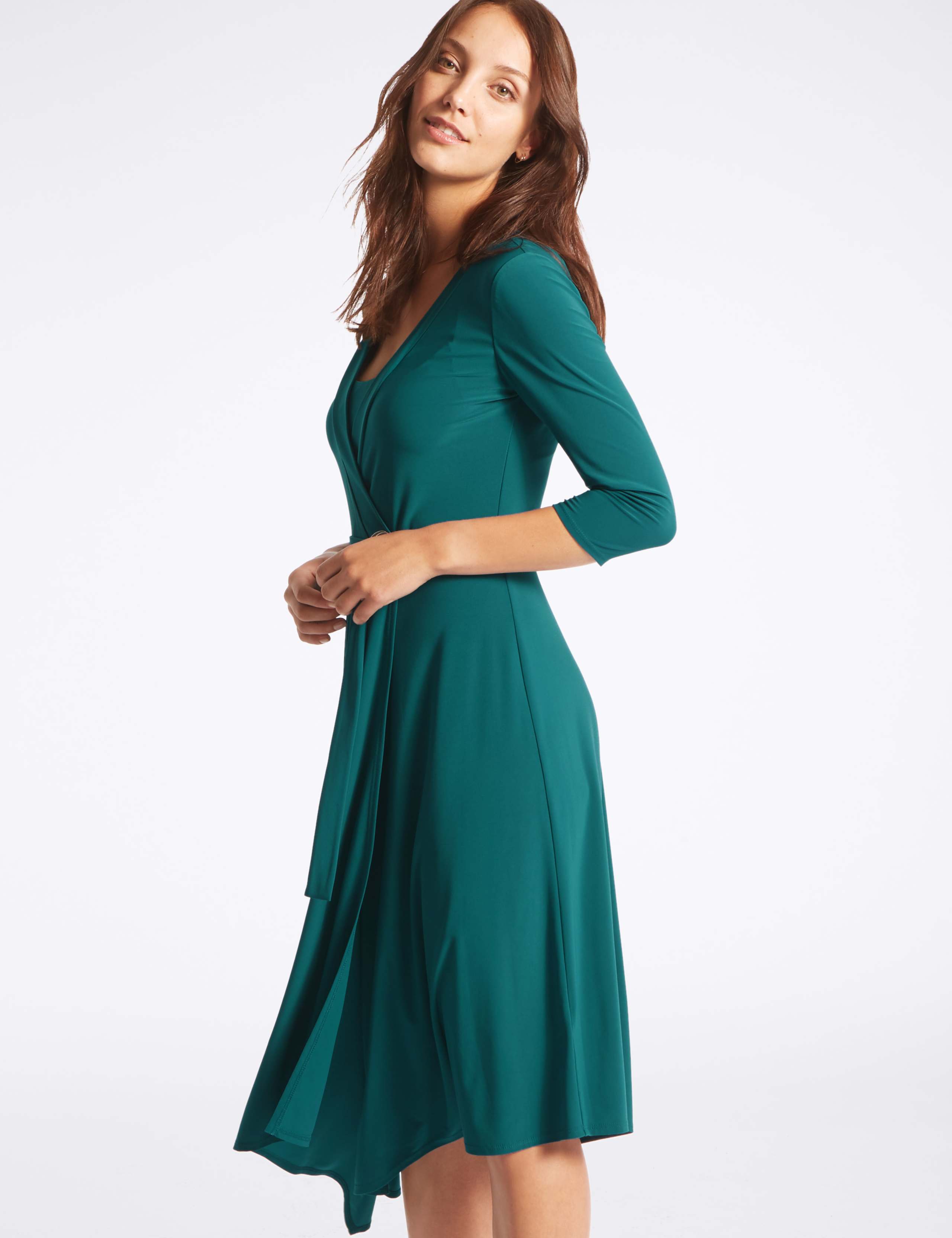 Asymmetrical Hem 3/4 Sleeve Wrap Midi Dress 3 of 4