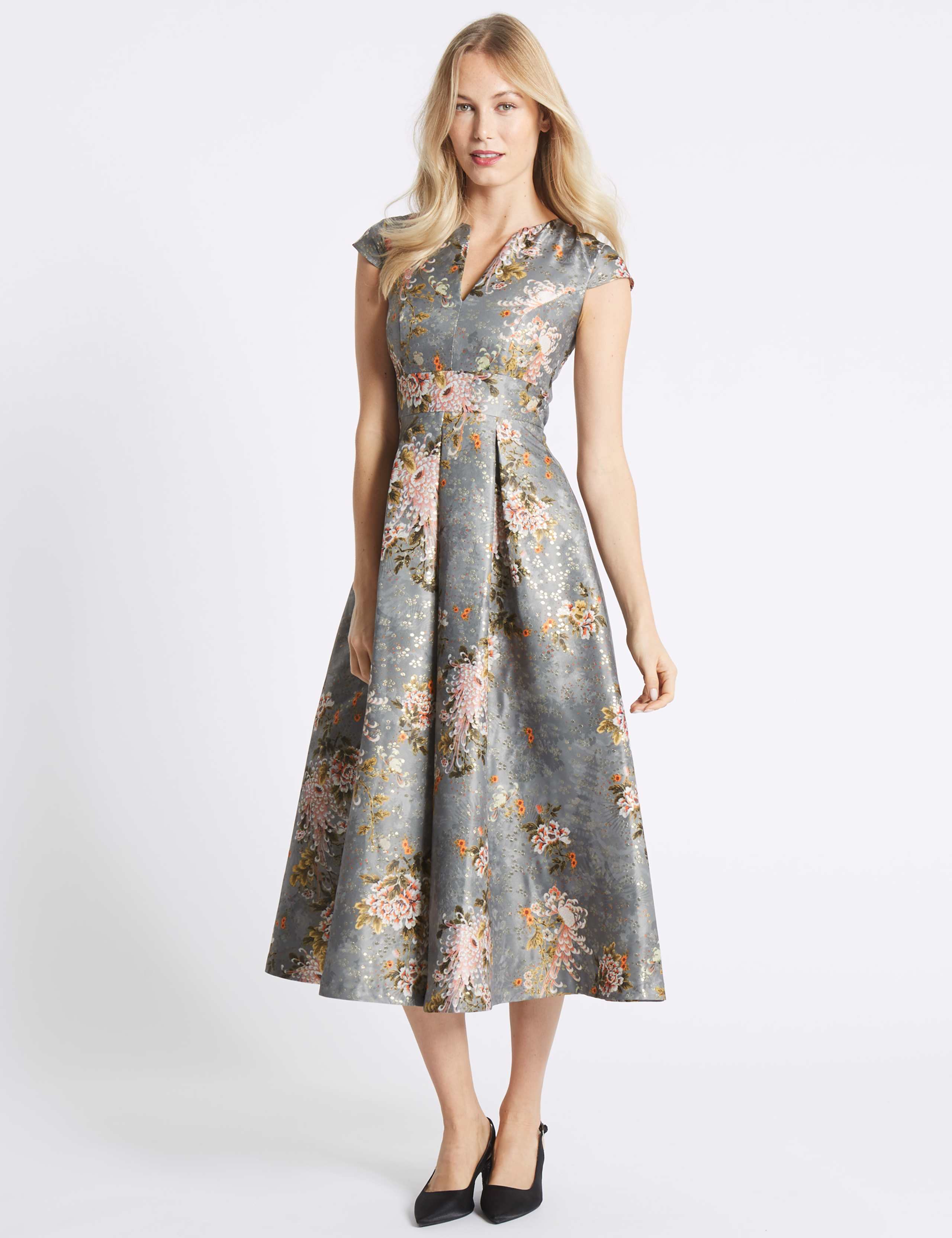 Jacquard Cap Sleeve Prom Midi Dress 1 of 6
