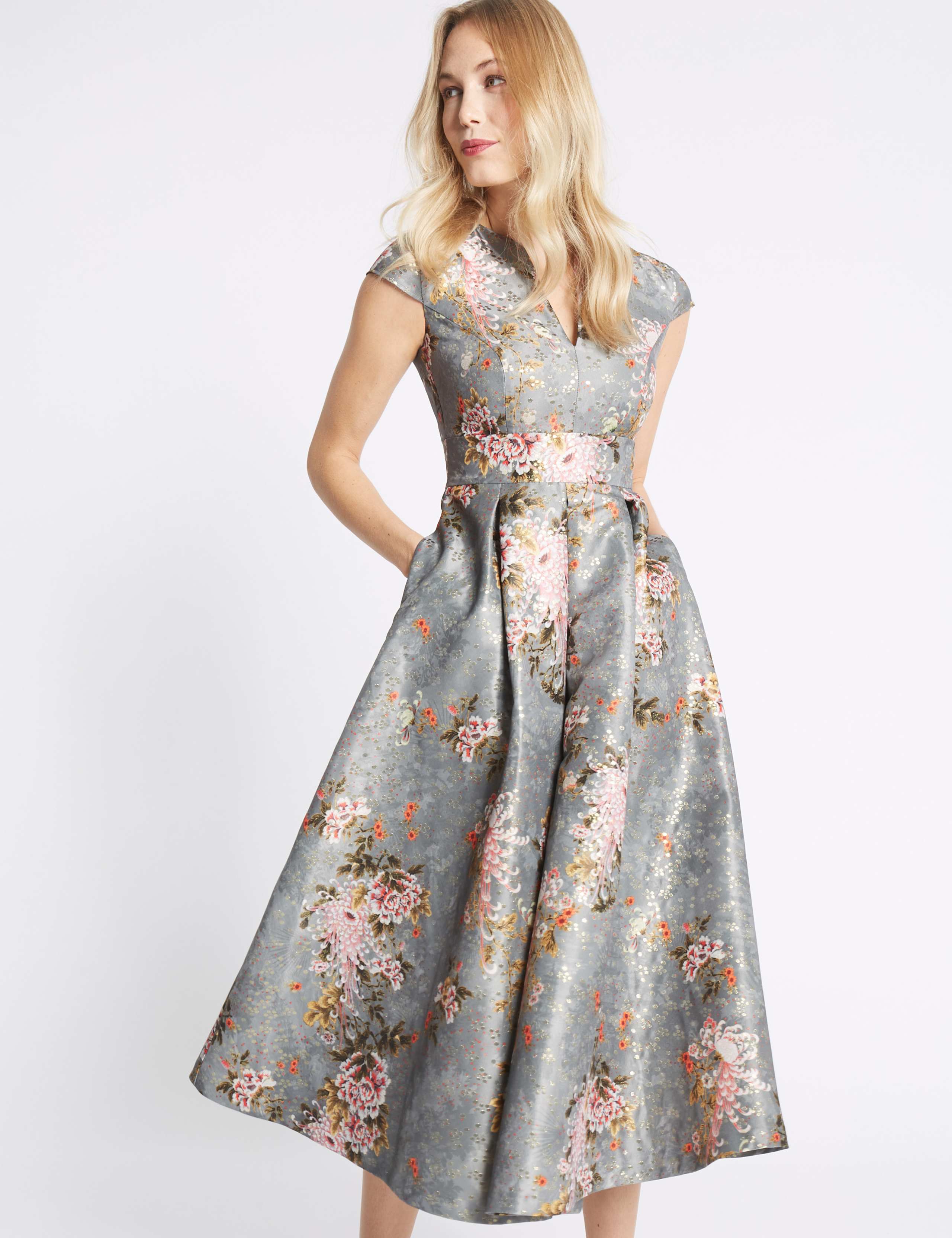 Jacquard Cap Sleeve Prom Midi Dress 3 of 6