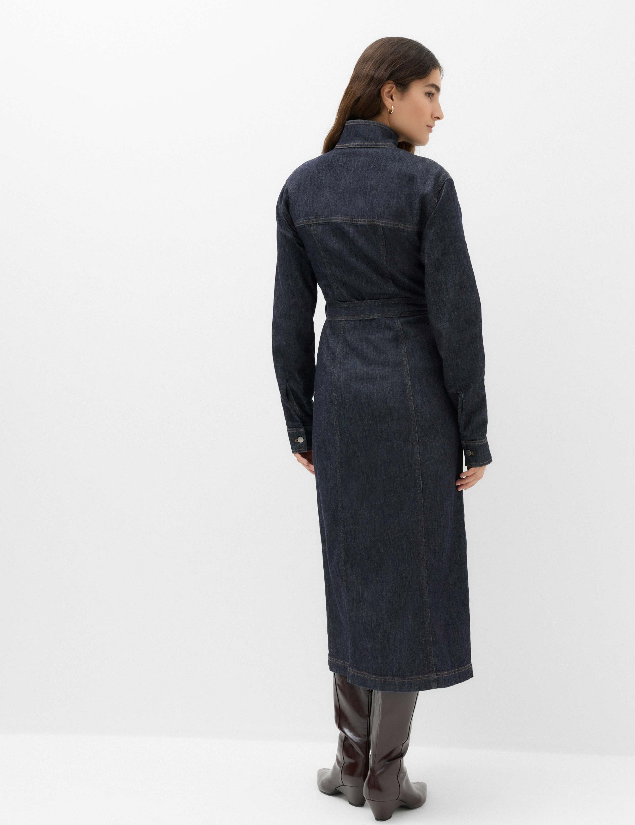 Denim Funnel Neck Midi Column Dress 4 of 6