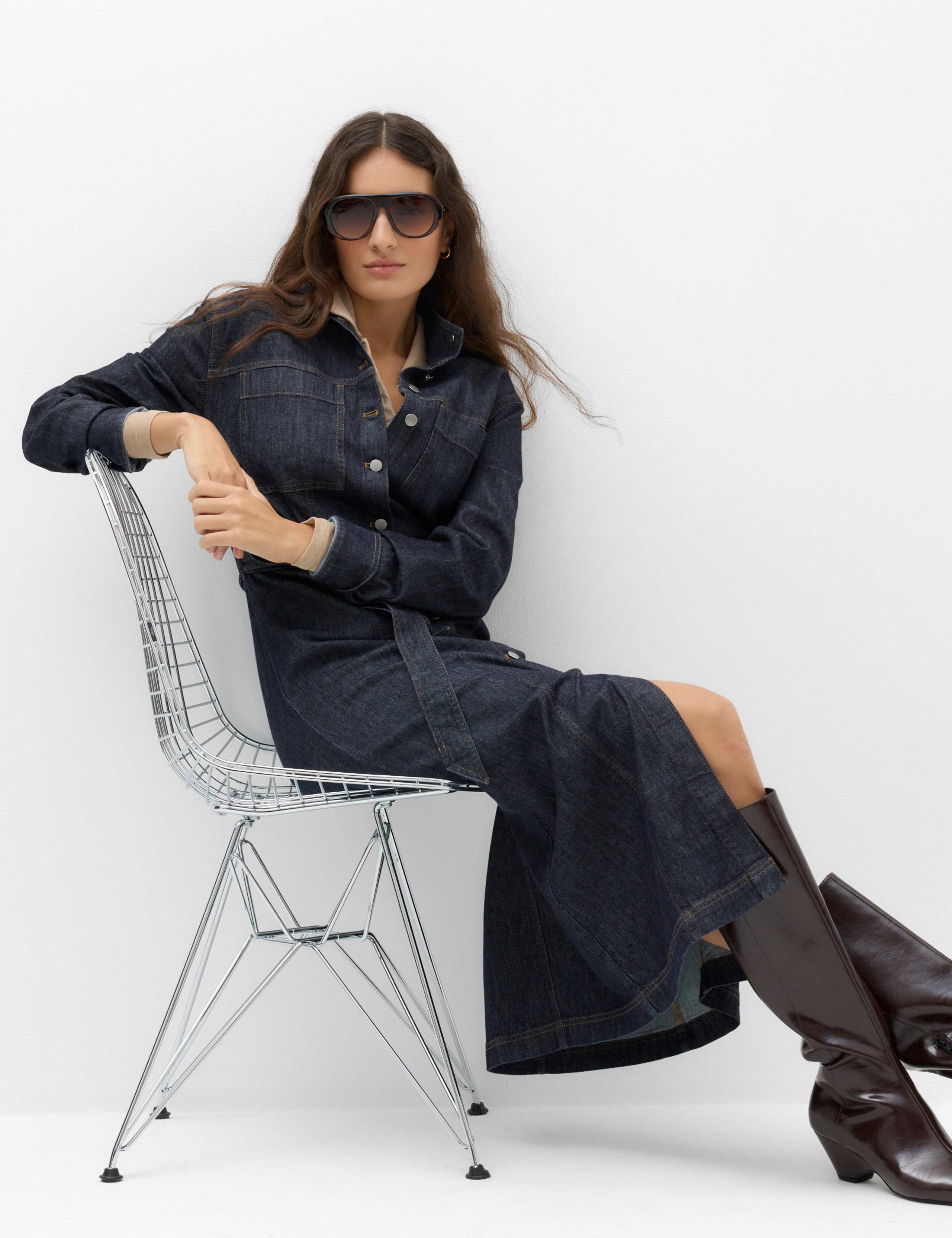 Denim Funnel Neck Midi Column Dress 6 of 6