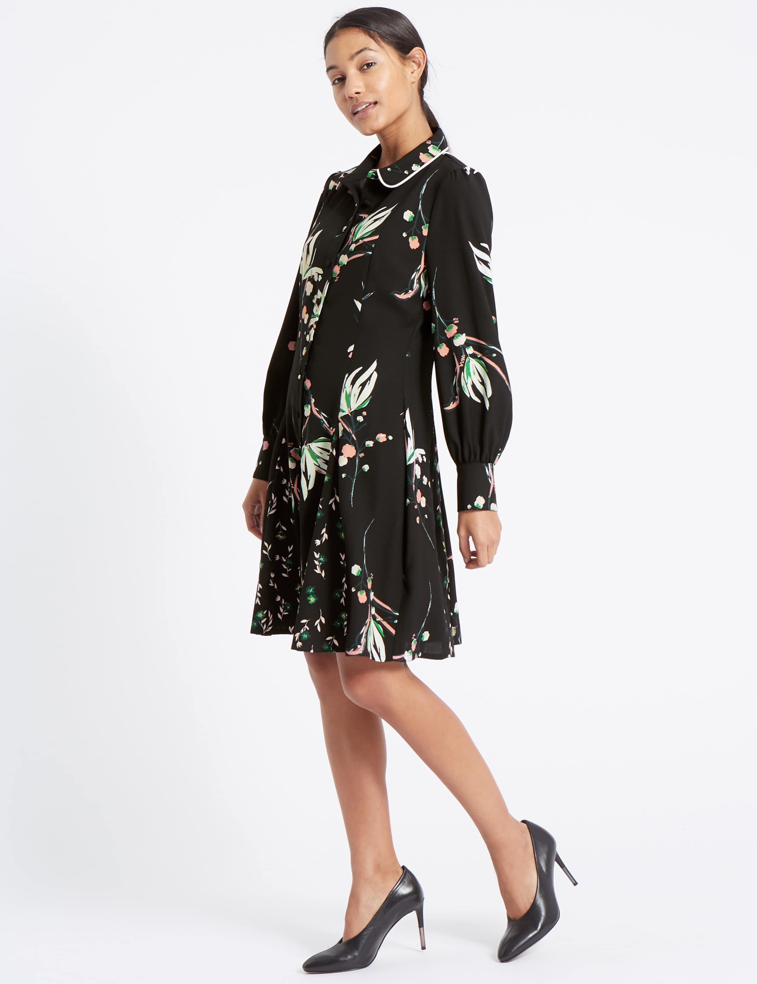 Printed Long Sleeve Shirt Dress 1 of 4