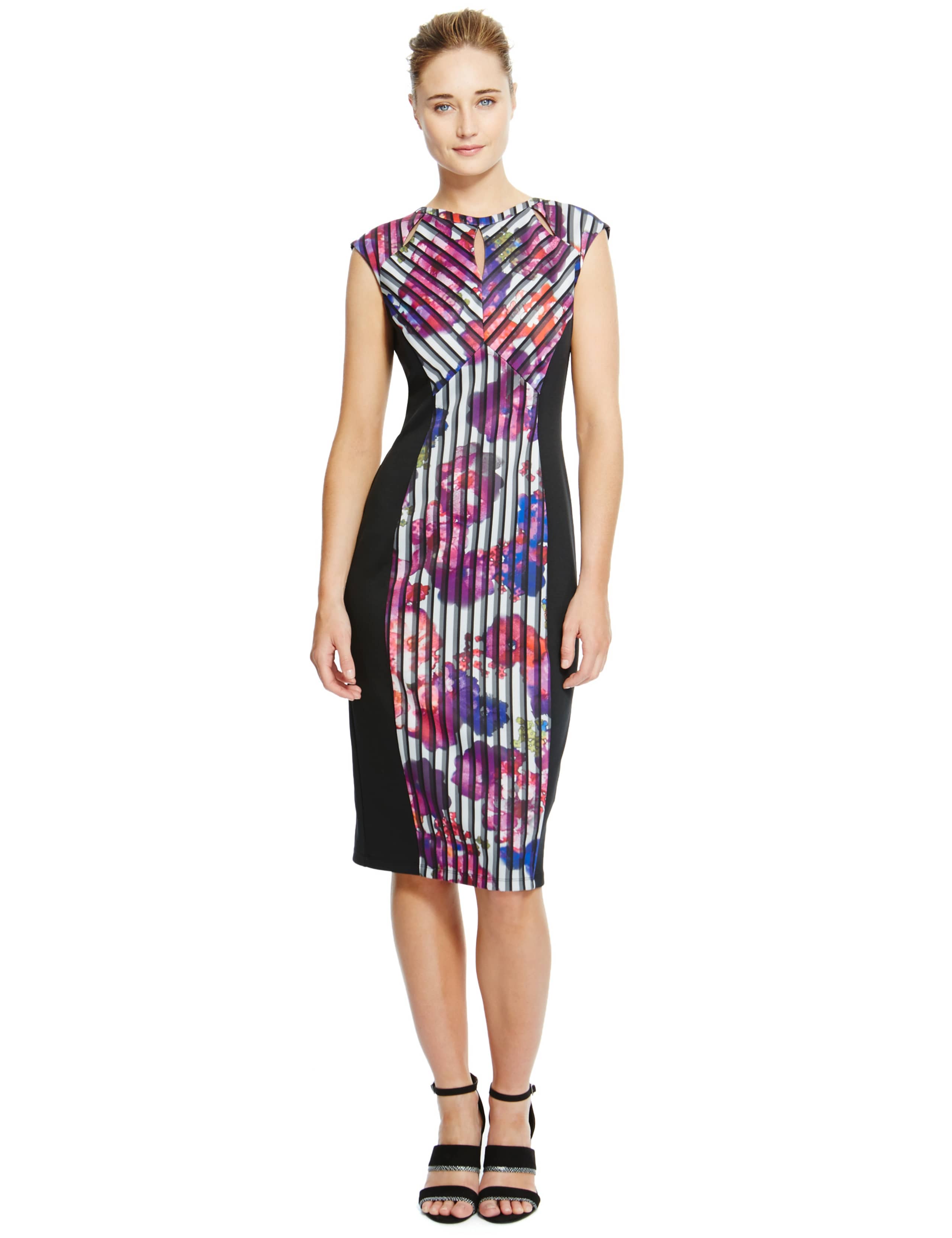Bloom Print Colour Block Bodycon Dress 1 of 3