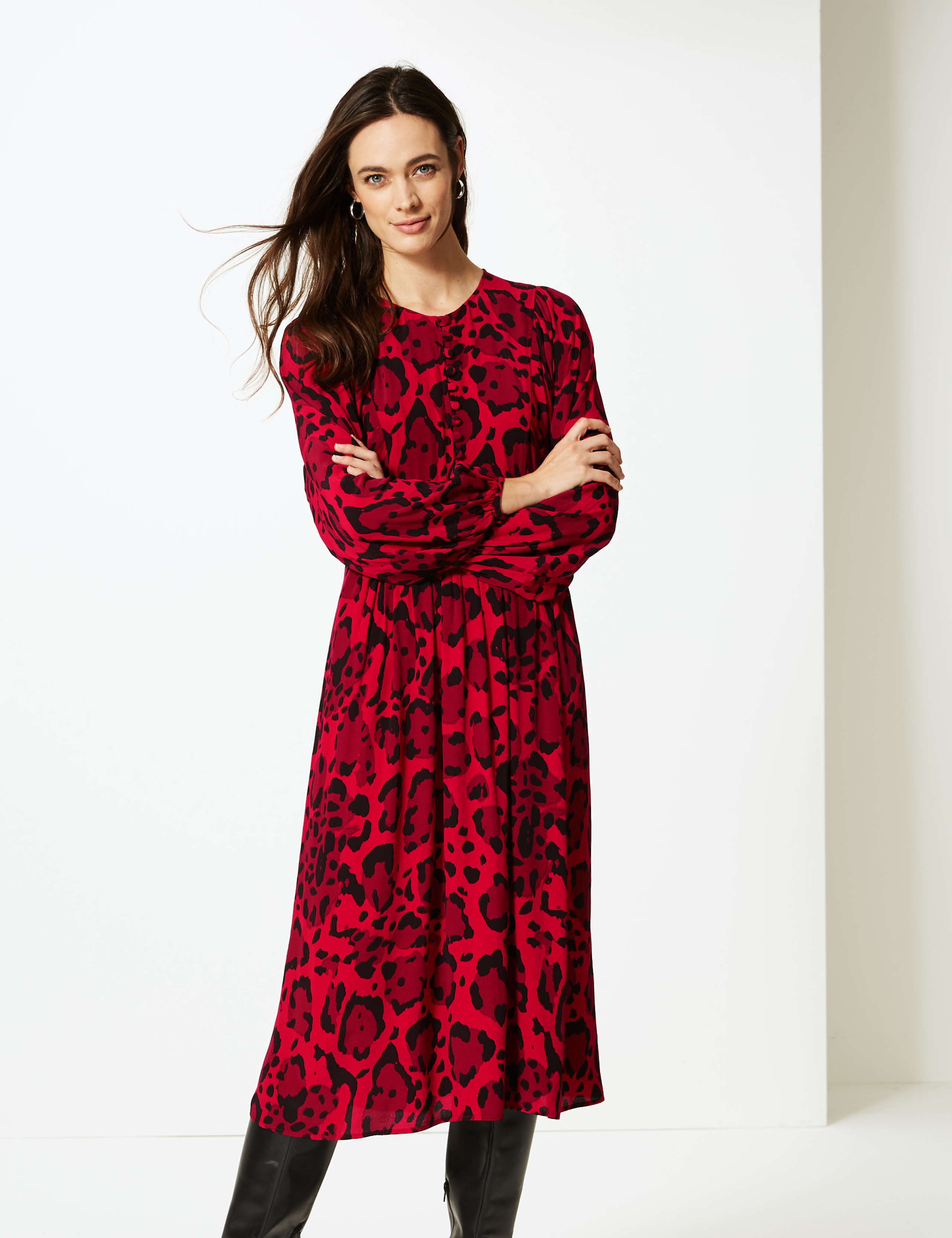 Animal Print Long Sleeve Tea Midi Dress 1 of 5
