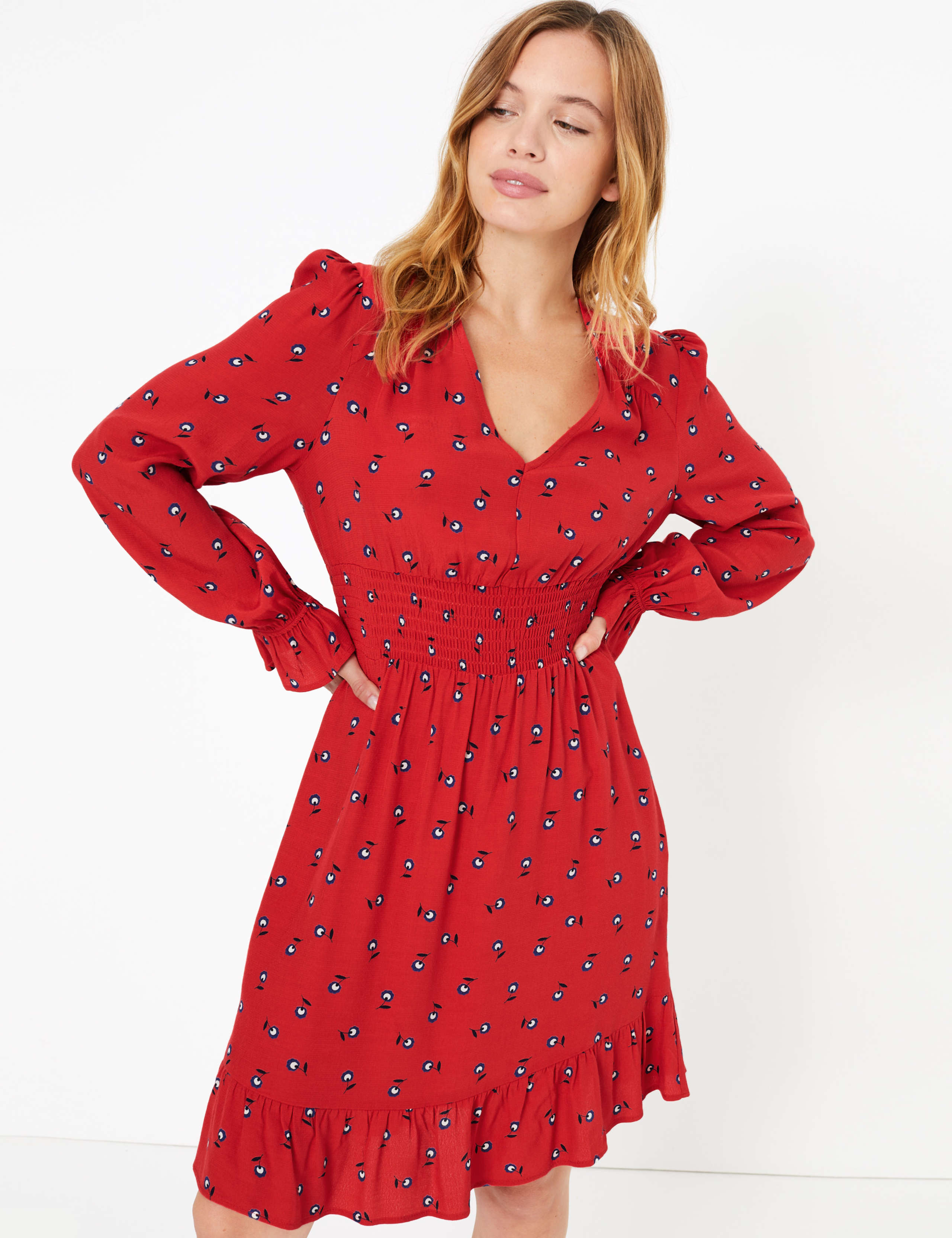 PETITE Floral Waisted Knee Length Dress 1 of 4