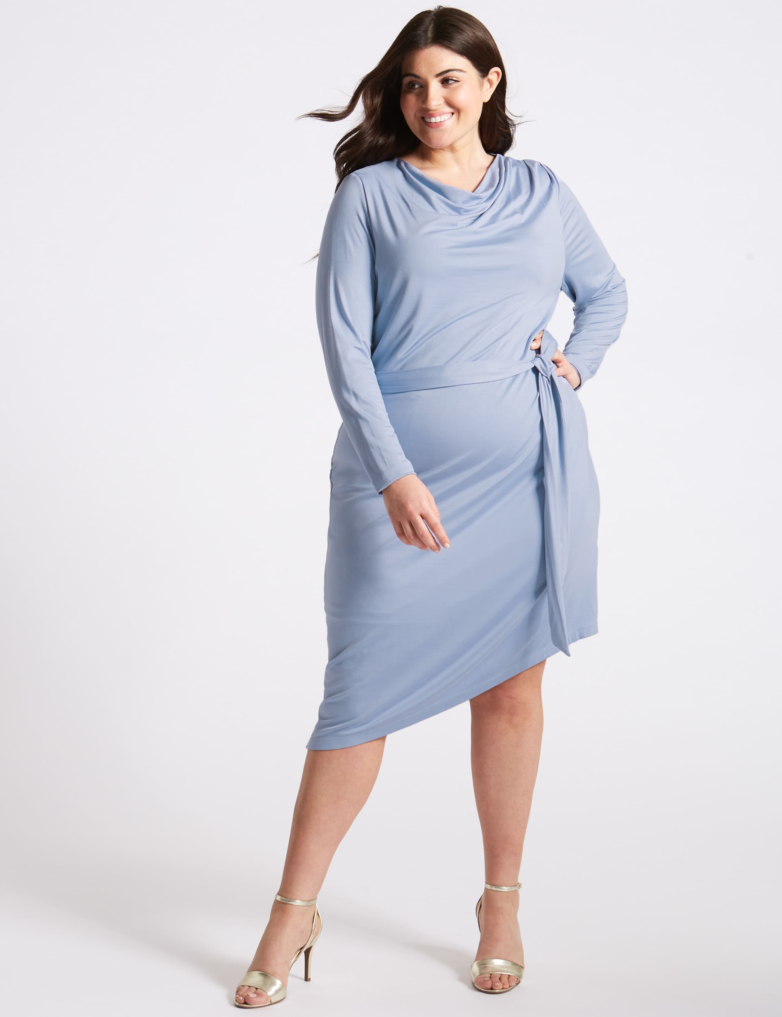 Cowl Drape Long Sleeve Bodycon Midi Dress 3 of 6