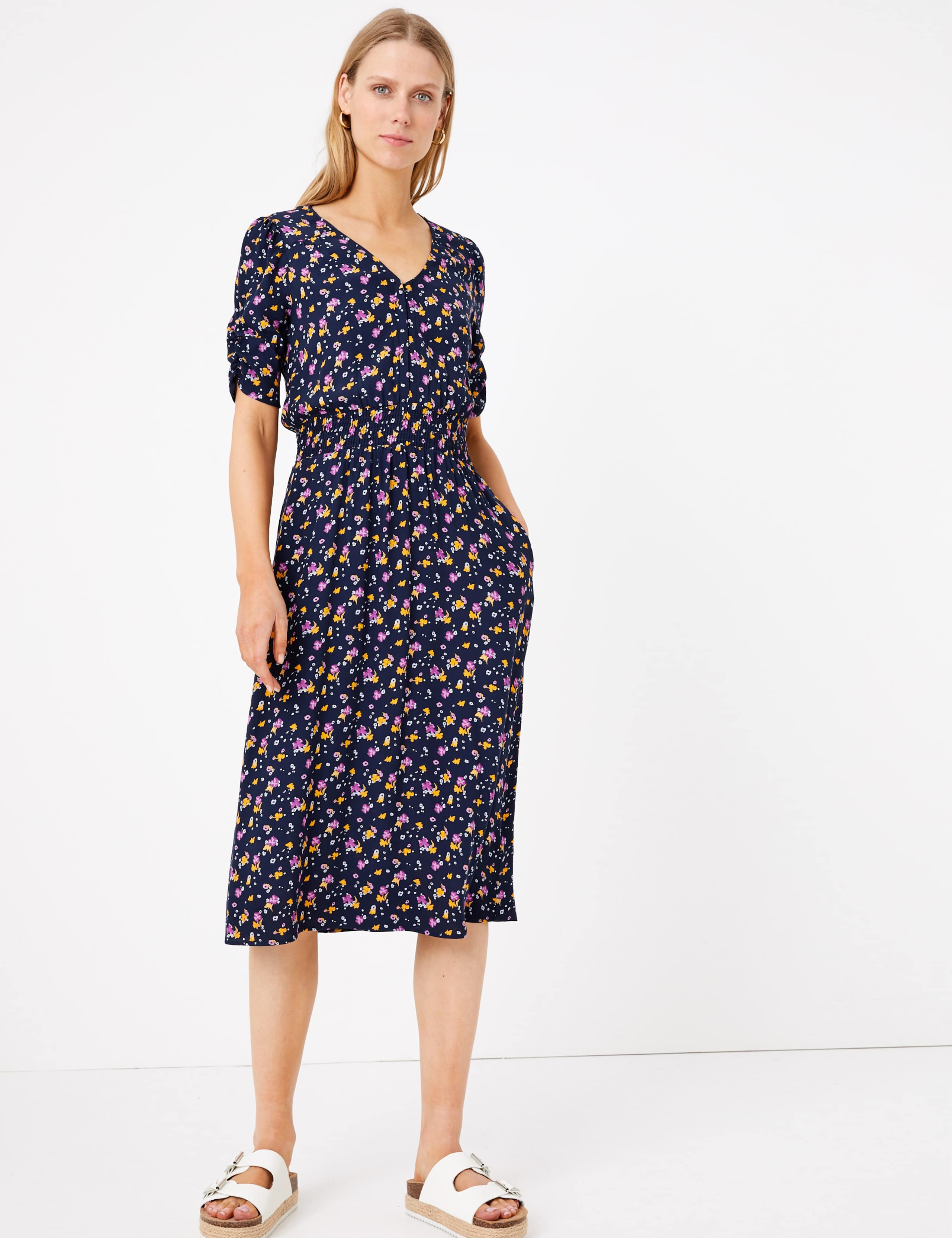 Ditsy Floral V-Neck Midi Waisted Dress 1 of 4