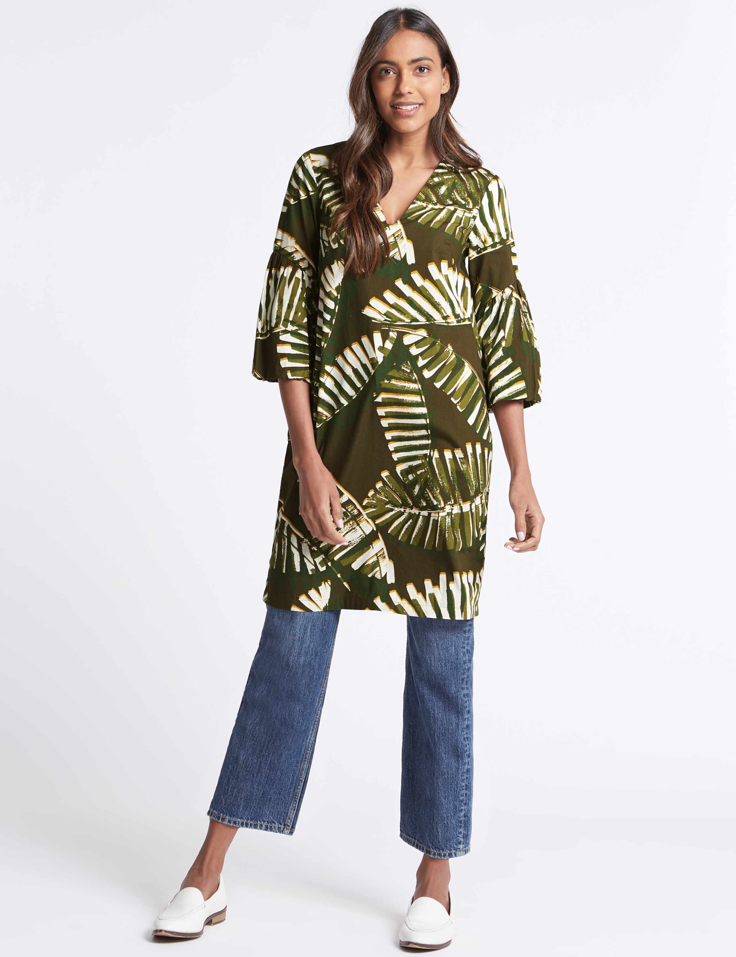 Pure Cotton Printed 3/4 Sleeve Tunic Dress 1 of 7