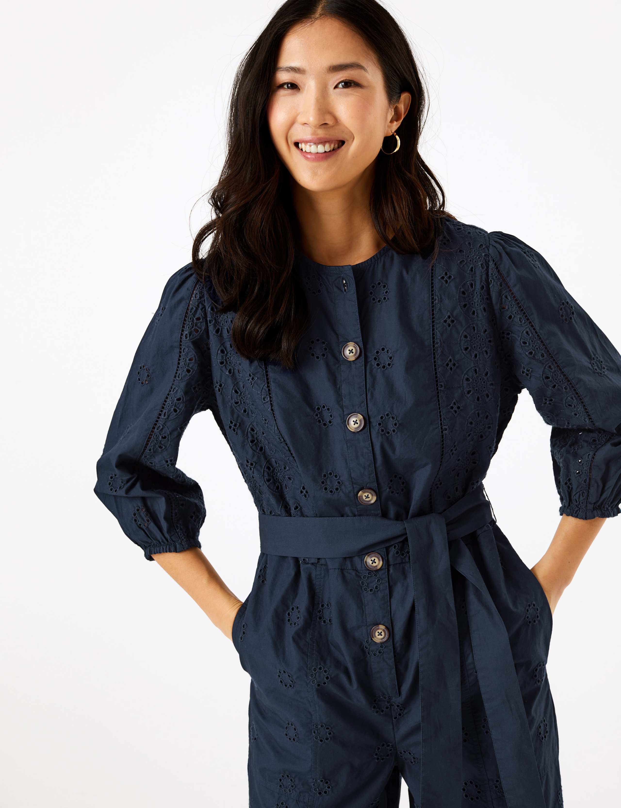 Pure Cotton Broderie Waisted Jumpsuit 1 of 4