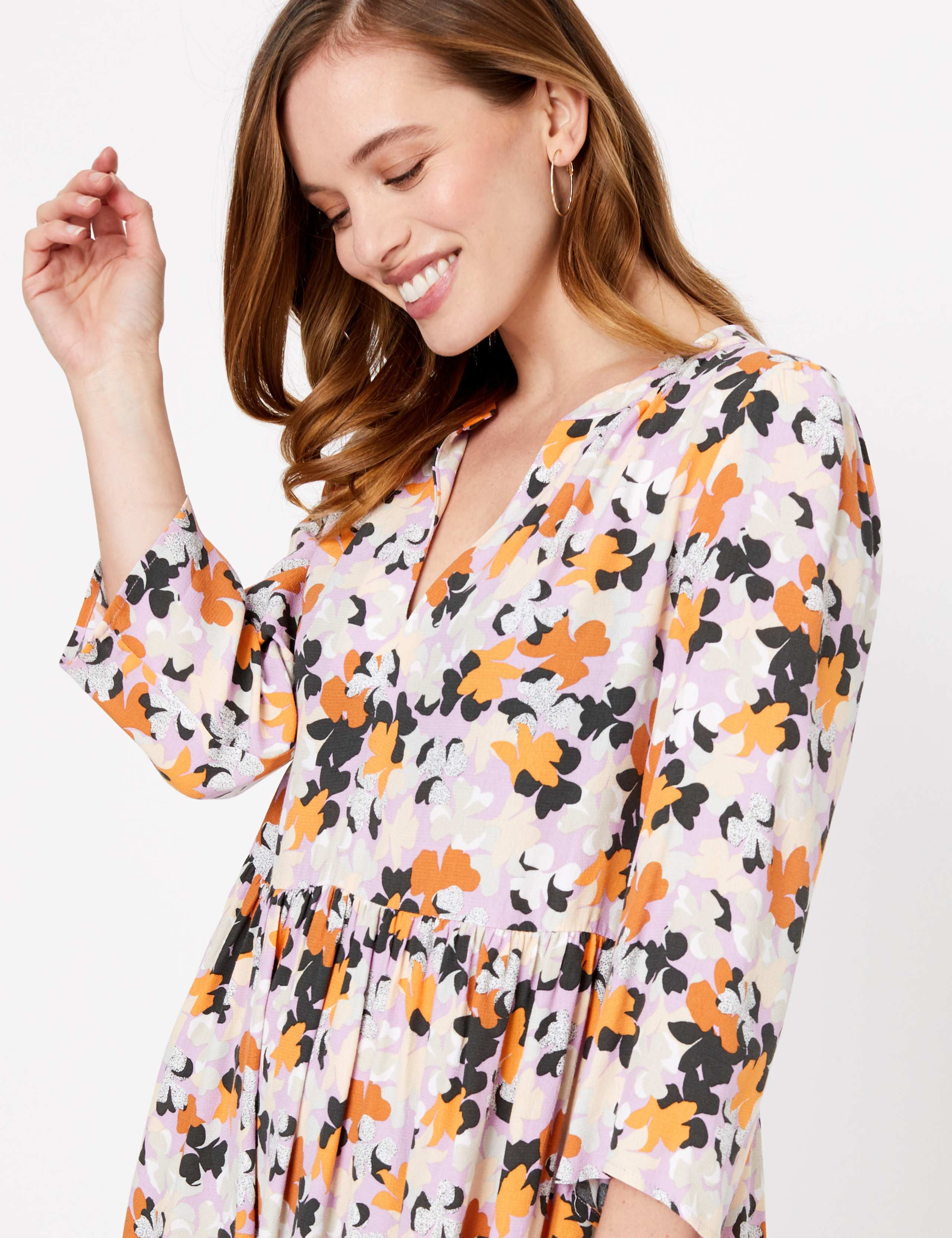 PETITE Floral V-Neck Mini Relaxed Dress 1 of 4