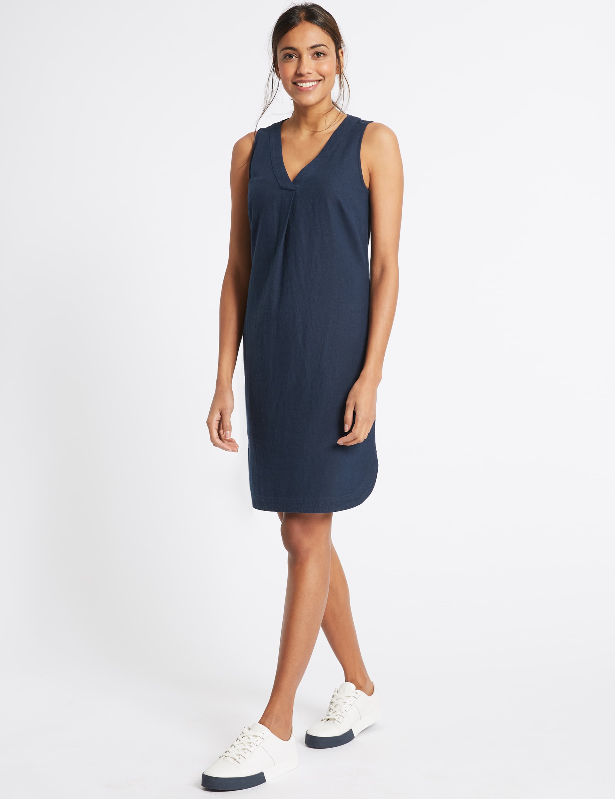 Linen Blend Curved Hem V-Neck Tunic Dress 1 of 5