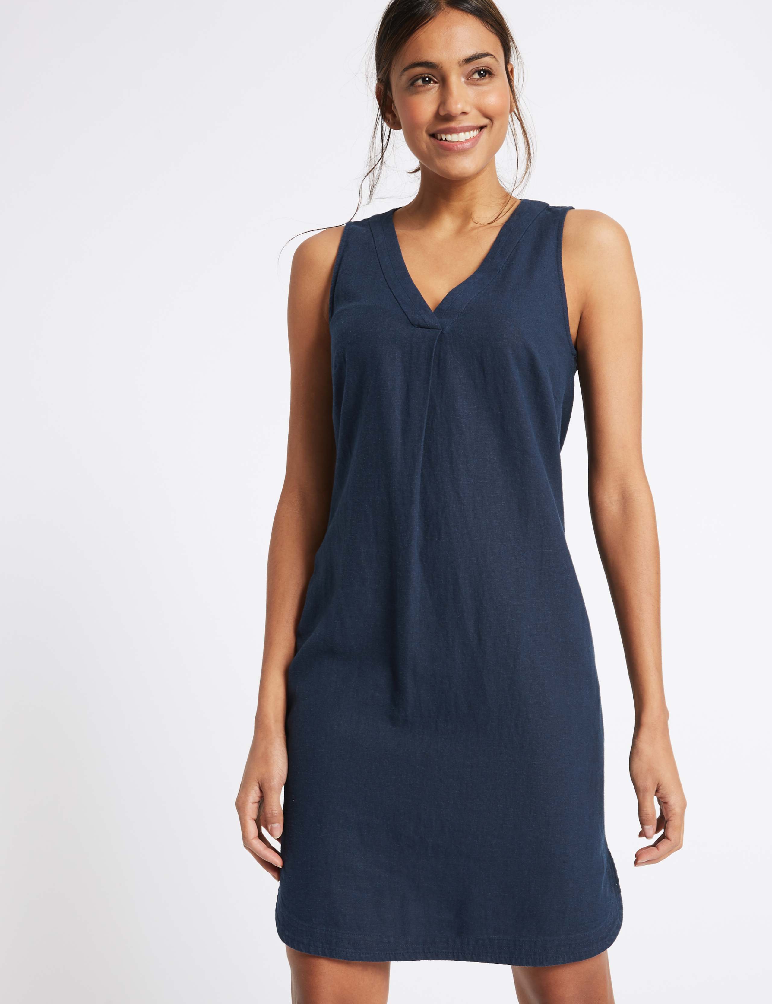 Linen Blend Curved Hem V-Neck Tunic Dress 3 of 5