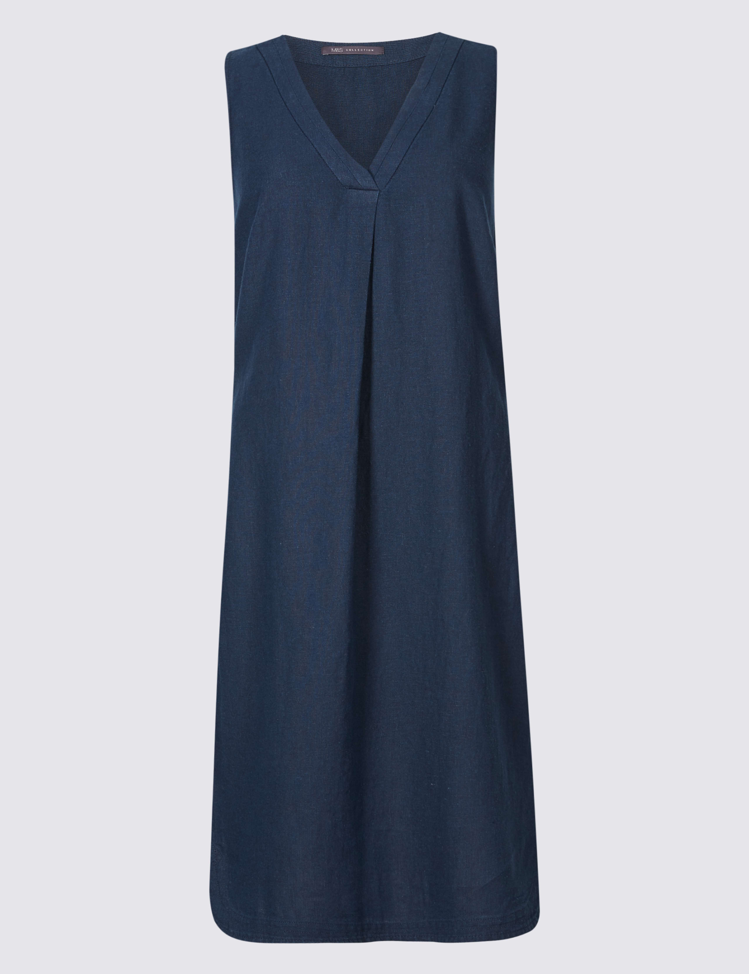 Linen Blend Curved Hem V-Neck Tunic Dress 2 of 5